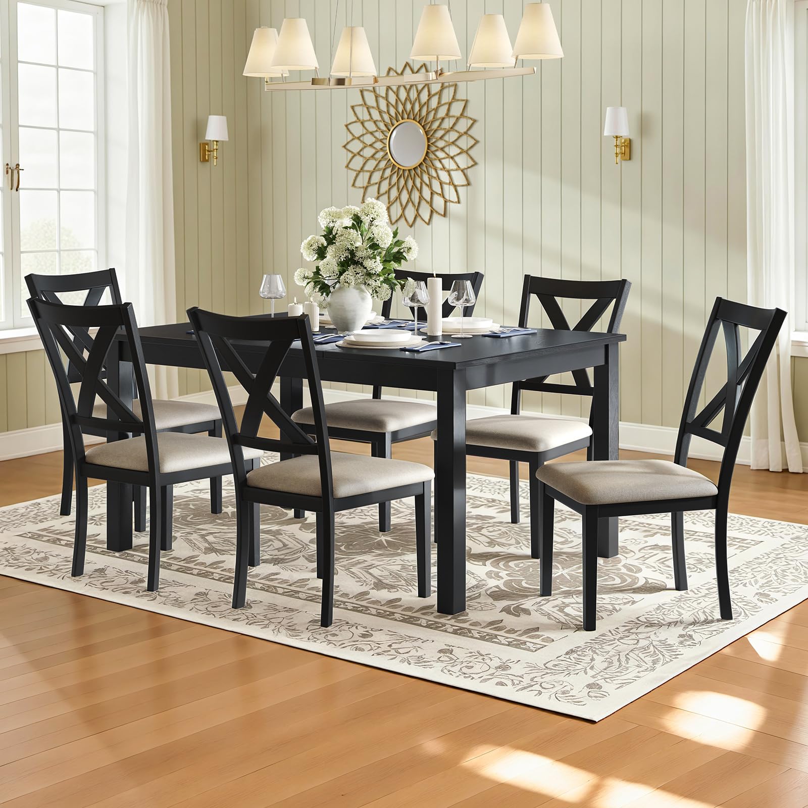 7-Piece Solid Wood Dining Table Set, 60" Farmhouse Dining Table with 6 Chairs, Rectangular Table Set for 6, Kitchen & Dining Room Furniture, Grey (4 chairs only)