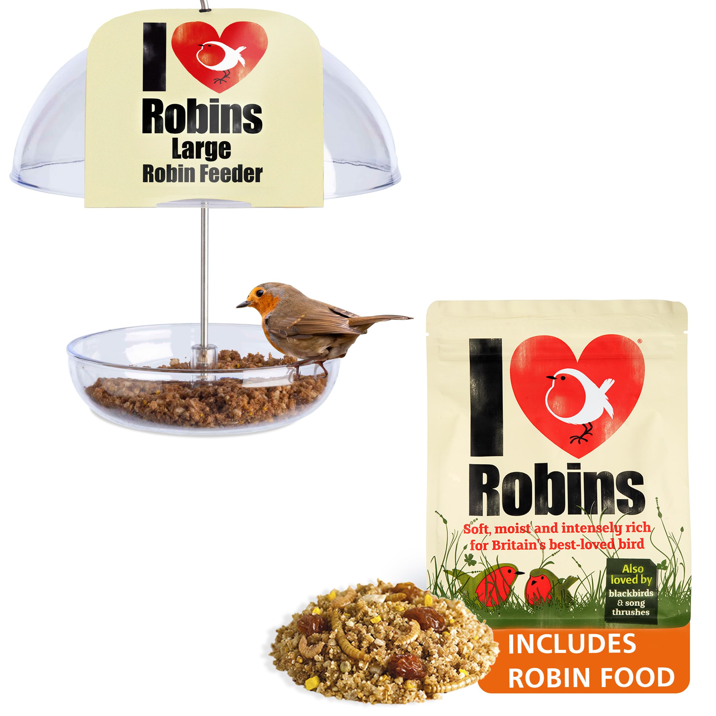 Jacobi Jayne® I Love Robins® Pearl Feeder™ - Attracts Small Garden Birds. HangIng Bird seed Feeder Perfect For Seed Mixes And Mealworms. (Large with Robin Food)