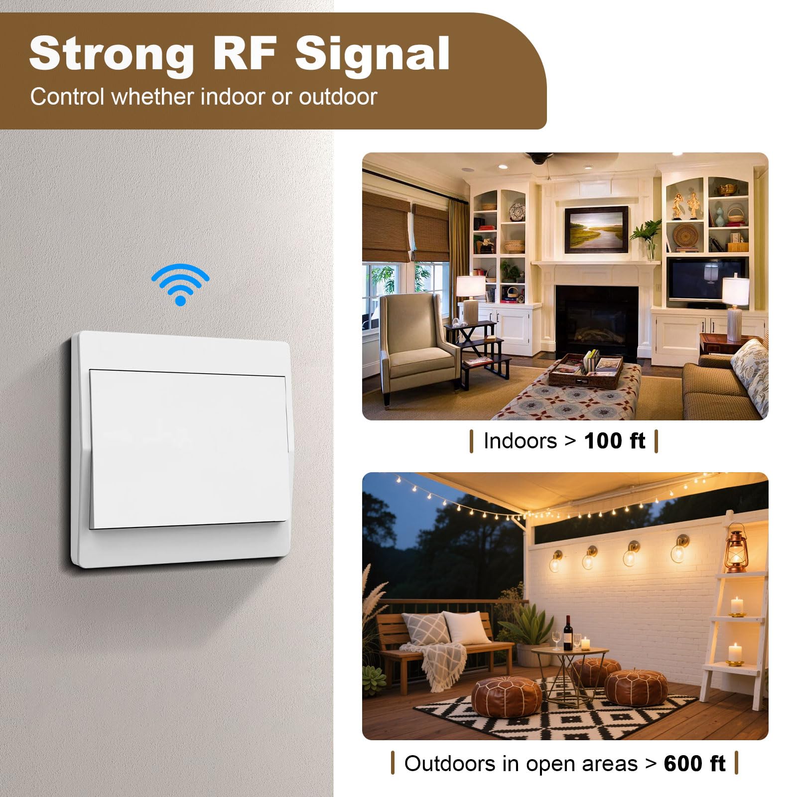 Juego de interruptor de luz inalámbrico 230V, interruptor de radio – no se requieren baterías, interruptor de pared impermeable, controle su lámpara hasta 200 m de distancia (1 receptor y 3 paneles de