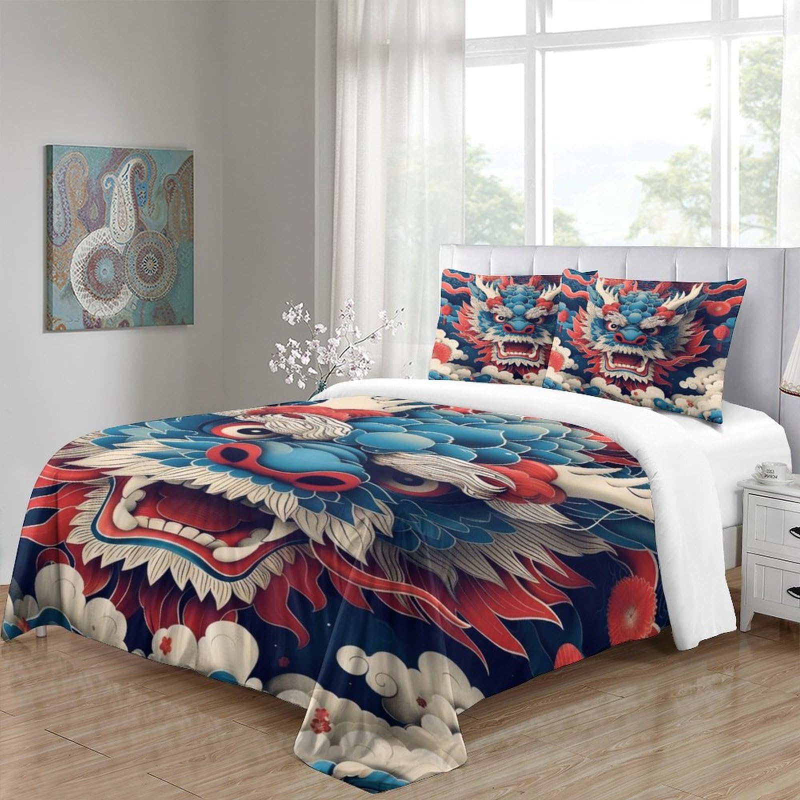 Stampato in 3D Loong cinese Copertina Stampata Microfibra Disegnata Biancheria Da Letto Con Chiusura A Cerniera Con 2 Federe,Double（200x200cm）, Per Adolescenti E Adulti