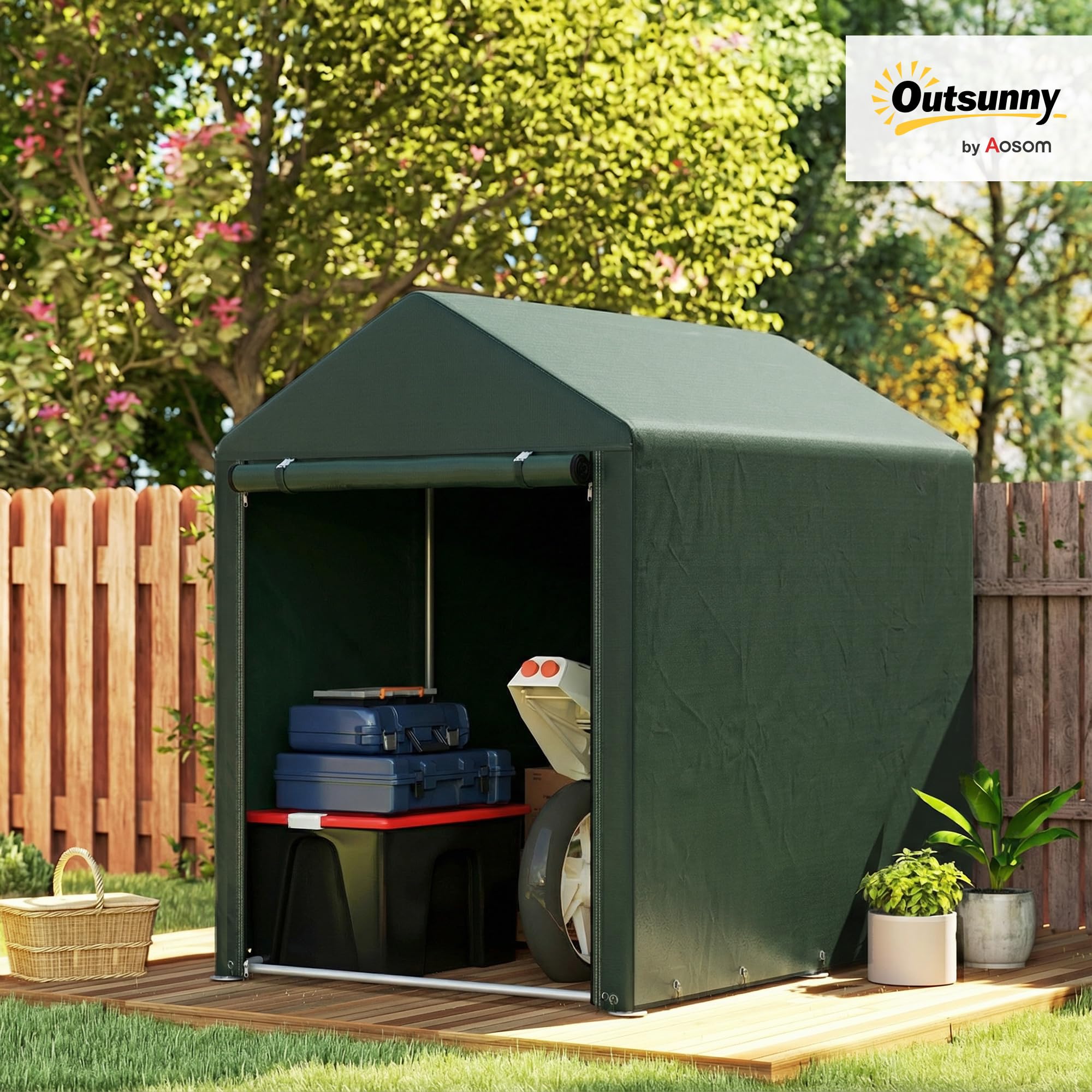 Outsunny Carpa de Jardín Exterior para Herramientas Bicicletas 1,2x1,8x1,65 m, Cobertizo Exterior con 2 Habitaciones, Puerta Enrollable con Cremallera, Impermeable Anti-UV, Garaje Portátil, Verde - 2