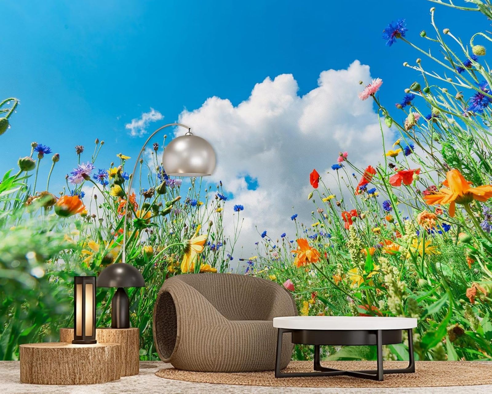 Hgjdjhnf 3D Mural Photo Wallpaper Flower Meadow Sky Wallpaper Colourful Wild Flowers Landscape Non-Woven Modern Living Room Bedroom Children's Room Wall Decoration Motif,400Cmx280cm Stickers - Frameless Painting - Post