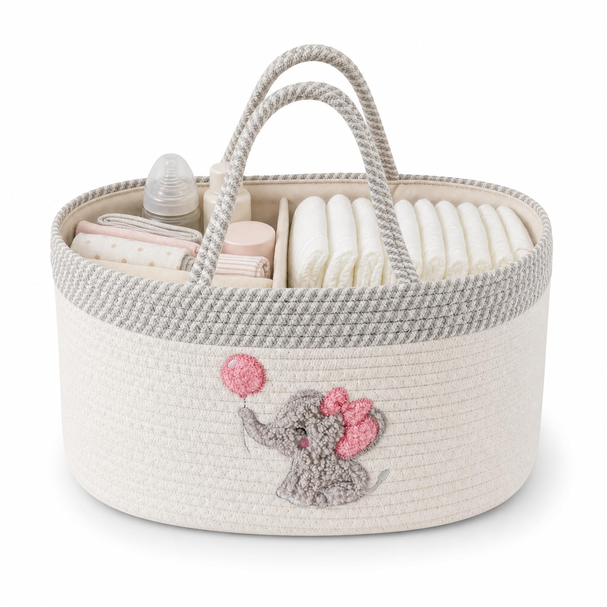 Baby Diaper Caddy Organizer, Changing Table Diaper Caddy Basket, Portable Nursery Car Storage Basket with Removable Divider, Cotton Woven Rope Baskets for Baby Shower Gifts Registry by Name
