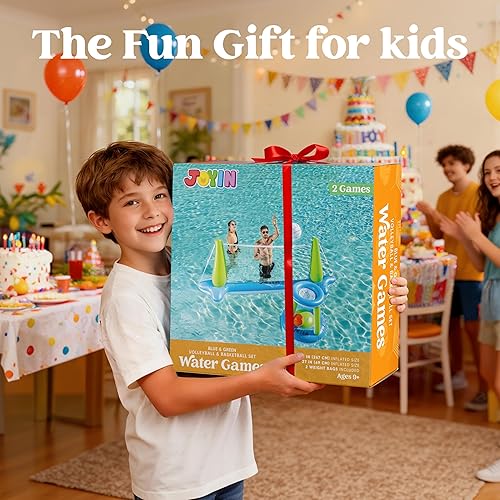 Miniatura 7 de JOYIN Juego de flotador de piscina inflable con red de voleibol y aros de baloncesto; bolas incluidas para niños y adultos, juego de piscina