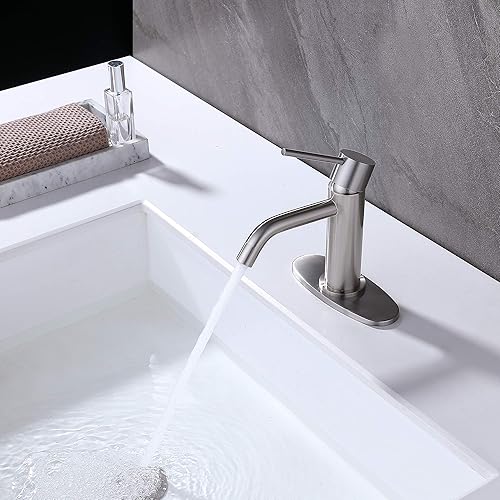 Miniatura 6 de Llaves de baño de níquel cepillado de un solo agujero, JXMMP llave de fregadero de baño de níquel cepillado con tapón de desagüe desplegable y placa