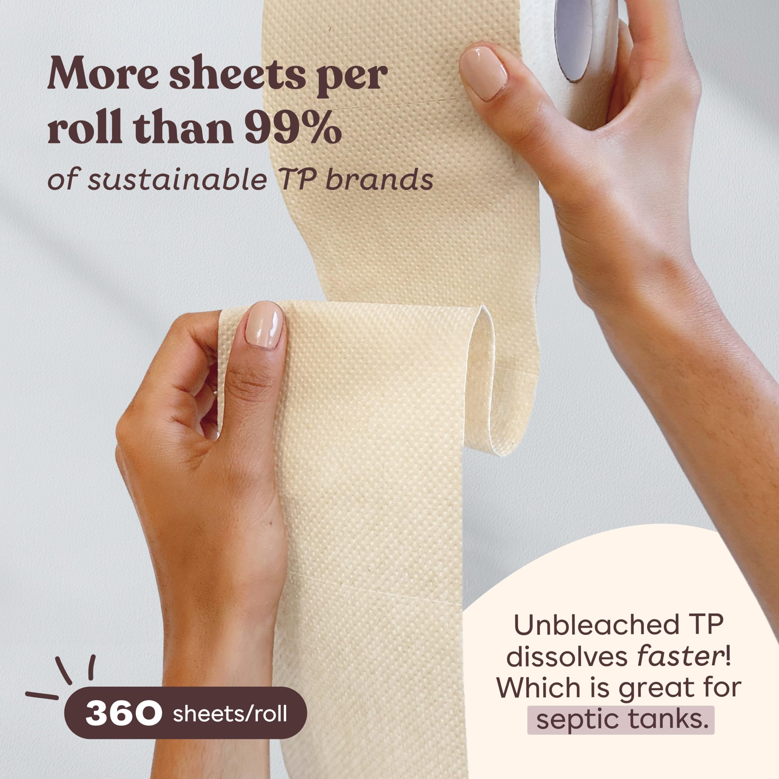 Betterway Rollos de papel higiénico de bambú sin blanquear, papel higiénico ecológico de 3 capas, 12 rollos de larga duración, 360 hojas/rollo, orgánico, certificado FSC, TP seguro séptico, sin