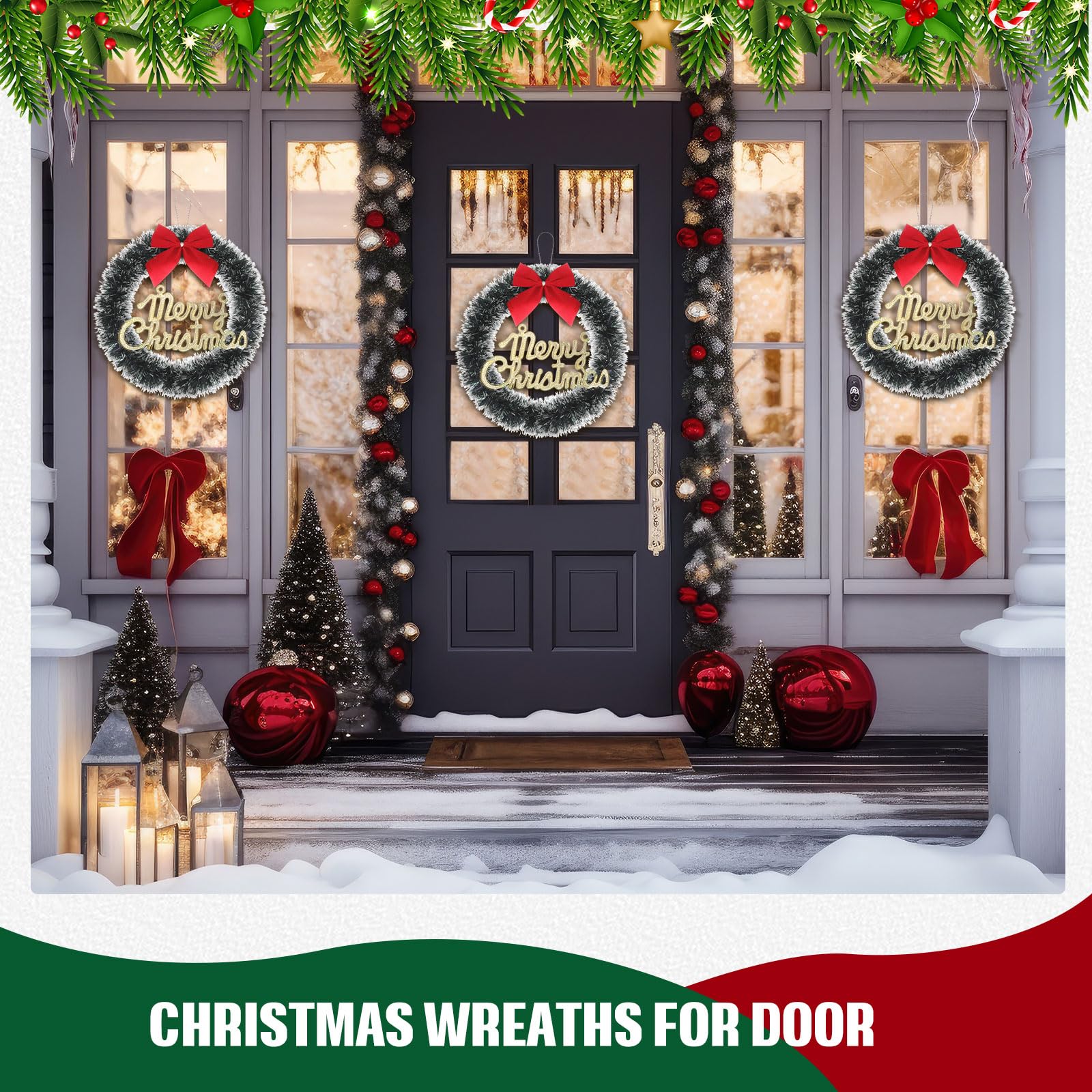 Jenaai 24 coronas de Navidad para puerta delantera, corona de Navidad artificial de 10 pulgadas con lazo rojo para colgar, manualidades de invierno para interiores y exteriores, hogar, ventana, pared,