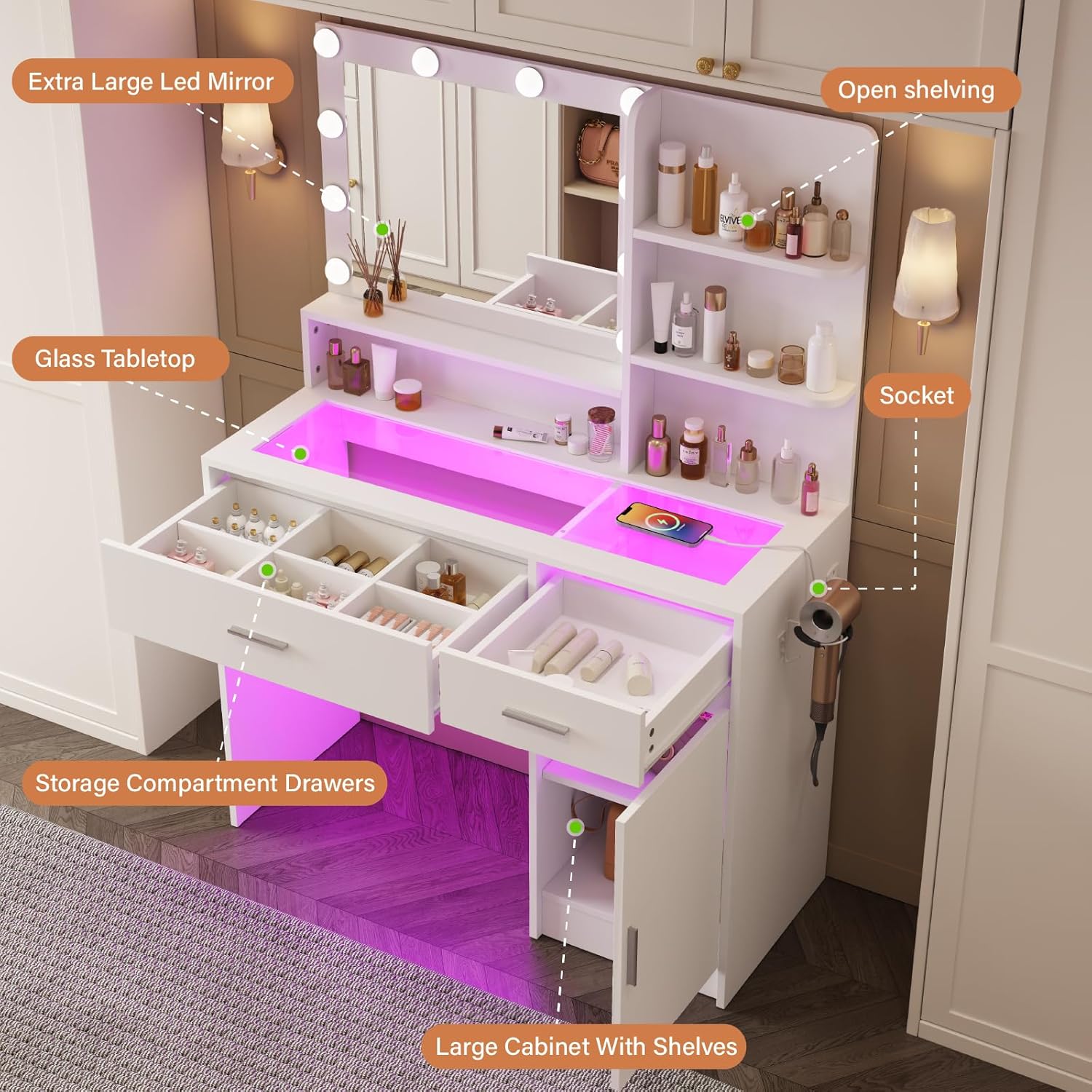 Modern White Vanity Desk with Lighted Mirror & RGB Adjustable Brightness – Elegant Dressing Table with Glass Top & Power Outlet, Perfect for Women & Girls' Bedrooms - 3 Lighting Modes (White)