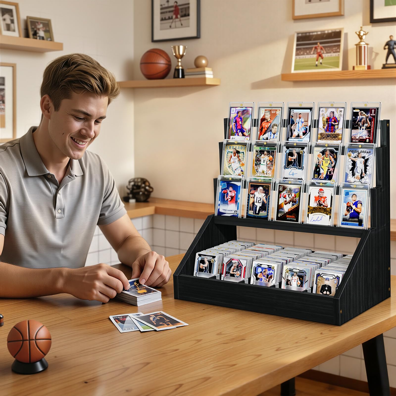 Espositore per carte da collezione a 4 ripiani, in legno, per carte sportive classificate, carte da baseball, piani da tavolo, per collezioni di carte sportive e mostre (nero)