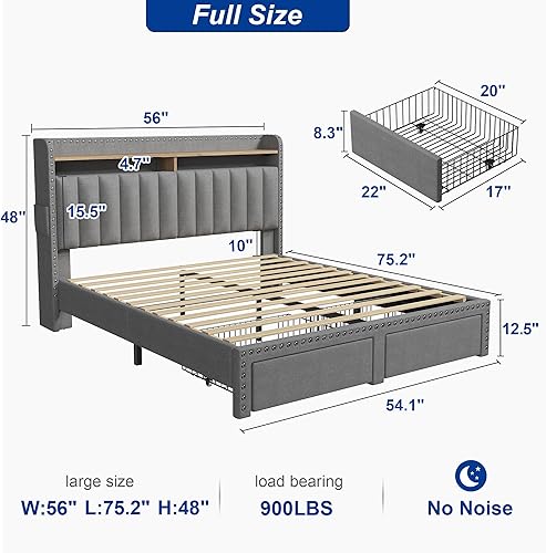 Miniatura 2 de EnHomee Base de cama de tamaño matrimonial con cabecera y almacenamiento, marco de cama matrimonial tapizado con almacenamiento, marco de cama