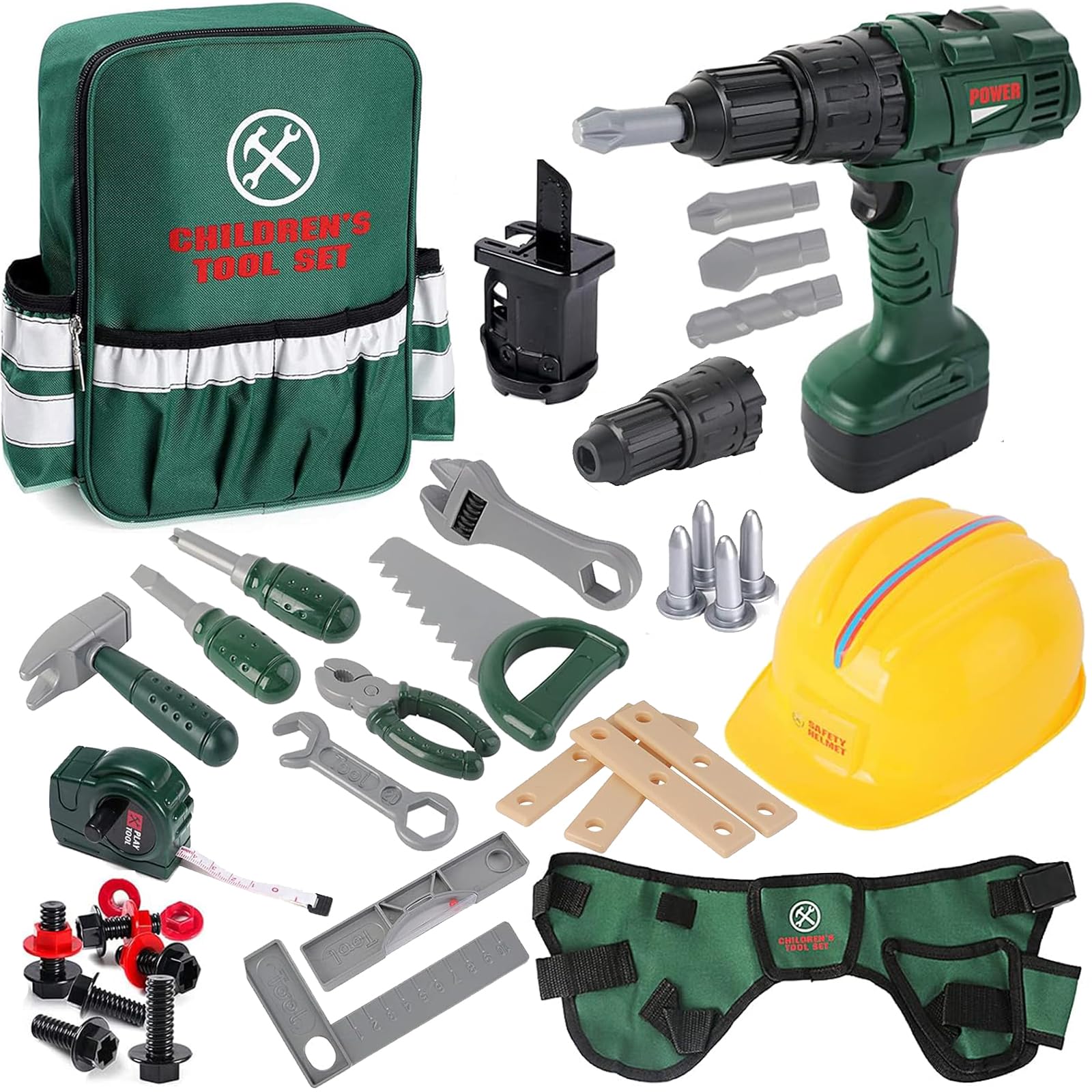 deAO Costruzioni Set Attrezzi Bambini, Giocattoli Attrezzi da Costruzione, Kit Strumenti con Trapano Elettrico, Zaino, Casco e Accessori, Regalo Perfetto per Bambini