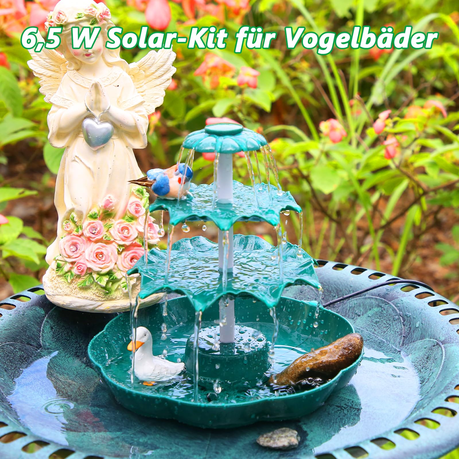 AISITIN DIY Brunnen,Vogeltränke Sets mit 6,5W Solar Springbrunnen mit Akku, 3 Stufige Vogelfütterer für Draußen,Vogelbad und DIY Solarbrunnen Abnehmbar und Geeignet für Garten,DIY Wasserspiel