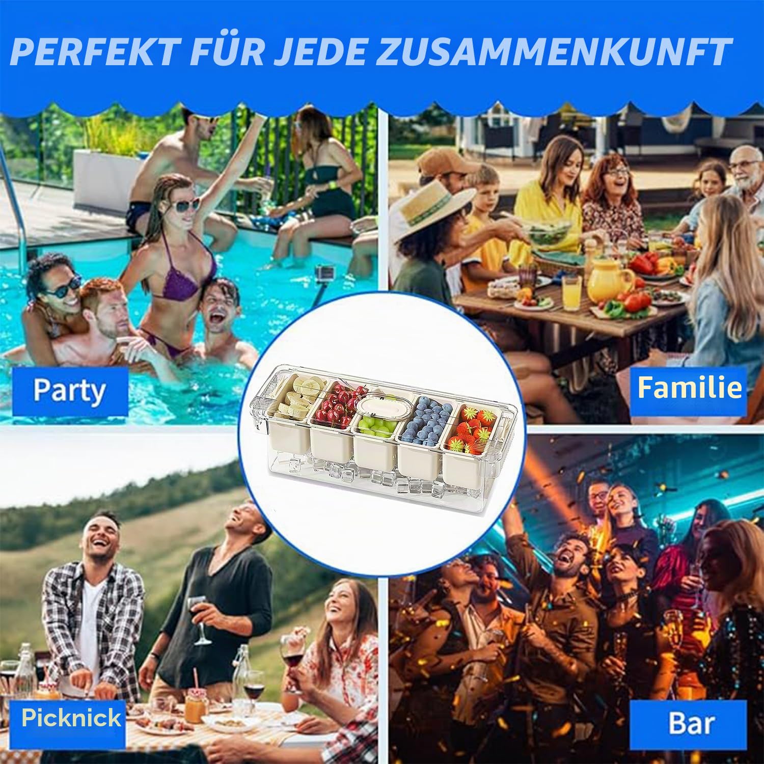 Eisgekühlter Gewürzbehälter mit Deckel, gekühlte Gewürzbehälter, Servierbehälter mit 5 Löffeln, 12 Gabeln und 1 Clip, Obst-Gemüse-Caddy für Partyzubehör und Barzubehör