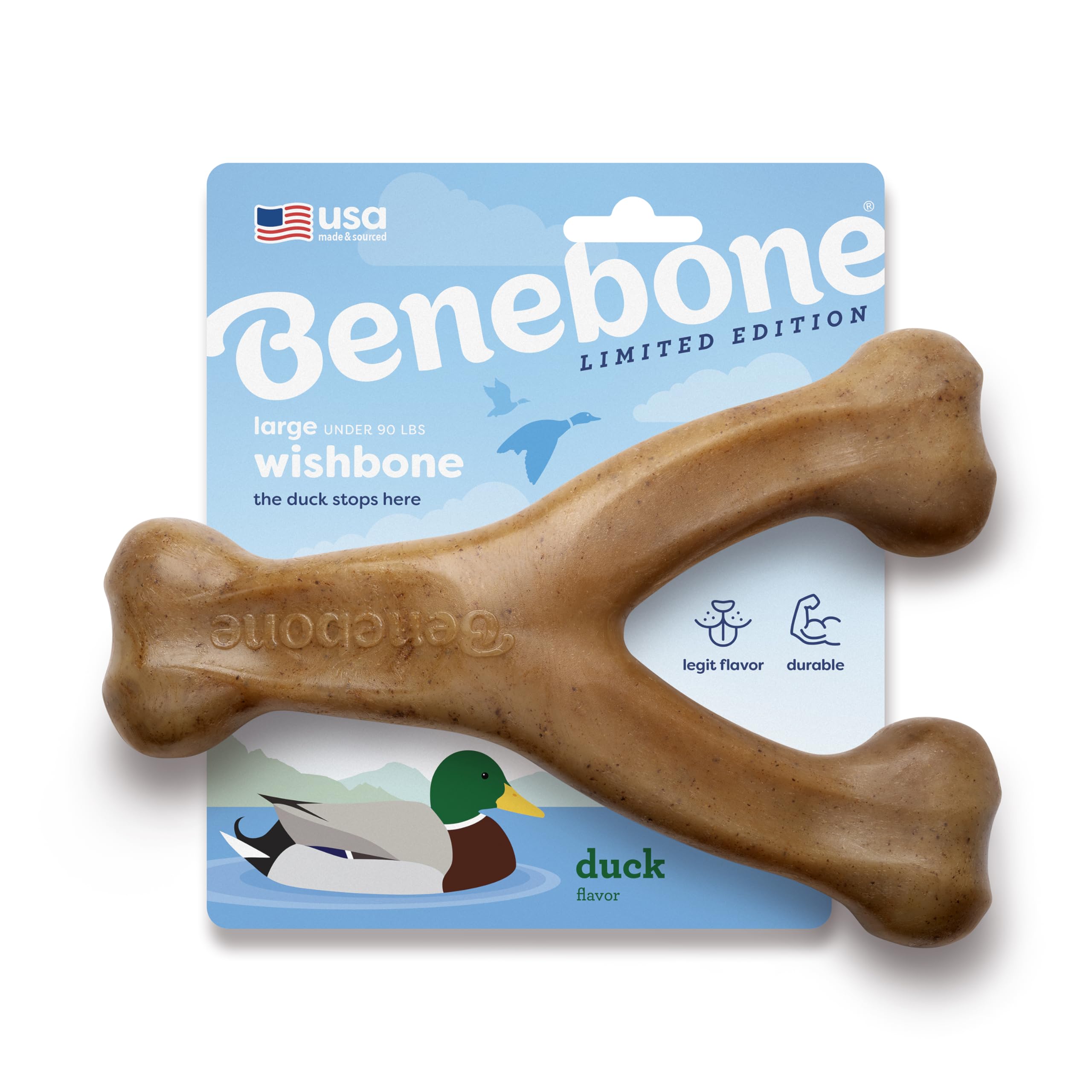 Benebone Wishbone Durable Dog Chew Toy for Aggressive Chewers Duck, Made in USA, Large, Brown