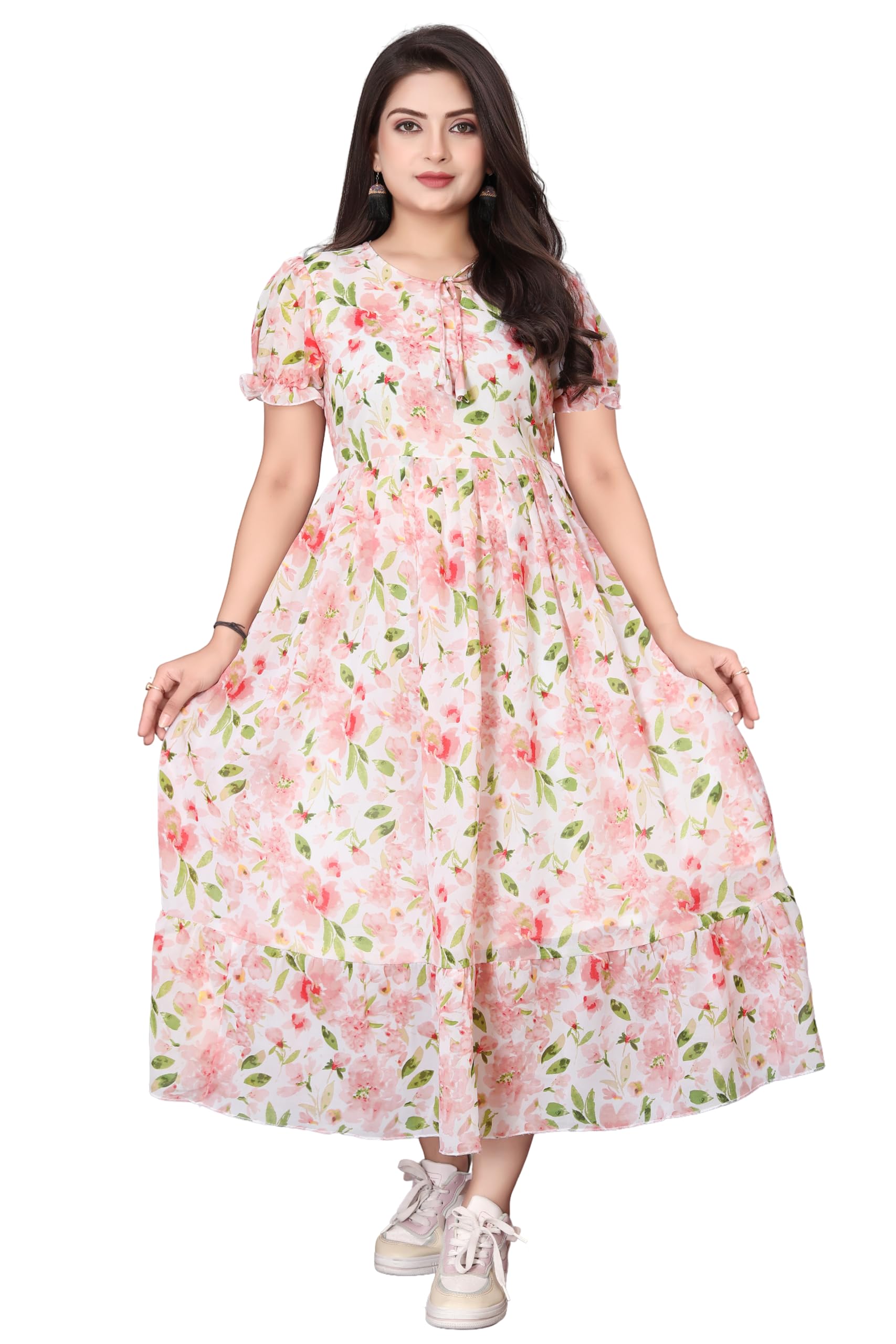 bhadani Women's Printed Georgette Regular Fit Round Neck Short Sleeve Fancy Fit and Flare/A-line/Maxi Gown Long Dress-picture-56