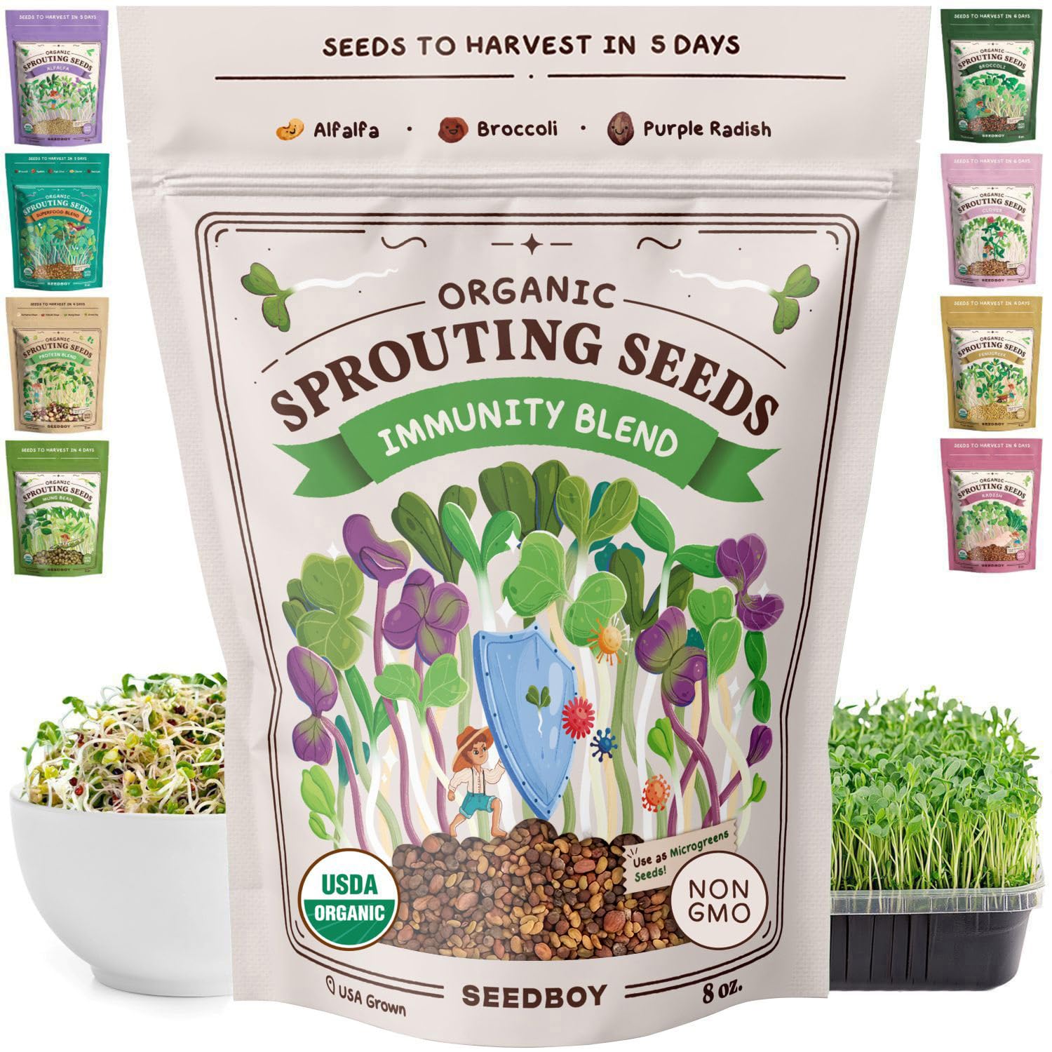 Seedboy Organic Non-GMO Sprouting Seeds, Immune System Booster - USA Grown Microgreens Mix with Broccoli, Purple Radish, Alfalfa - 8 oz Bag Makes 8 Quarts / 32 Servings (Immune System Booster Blend)