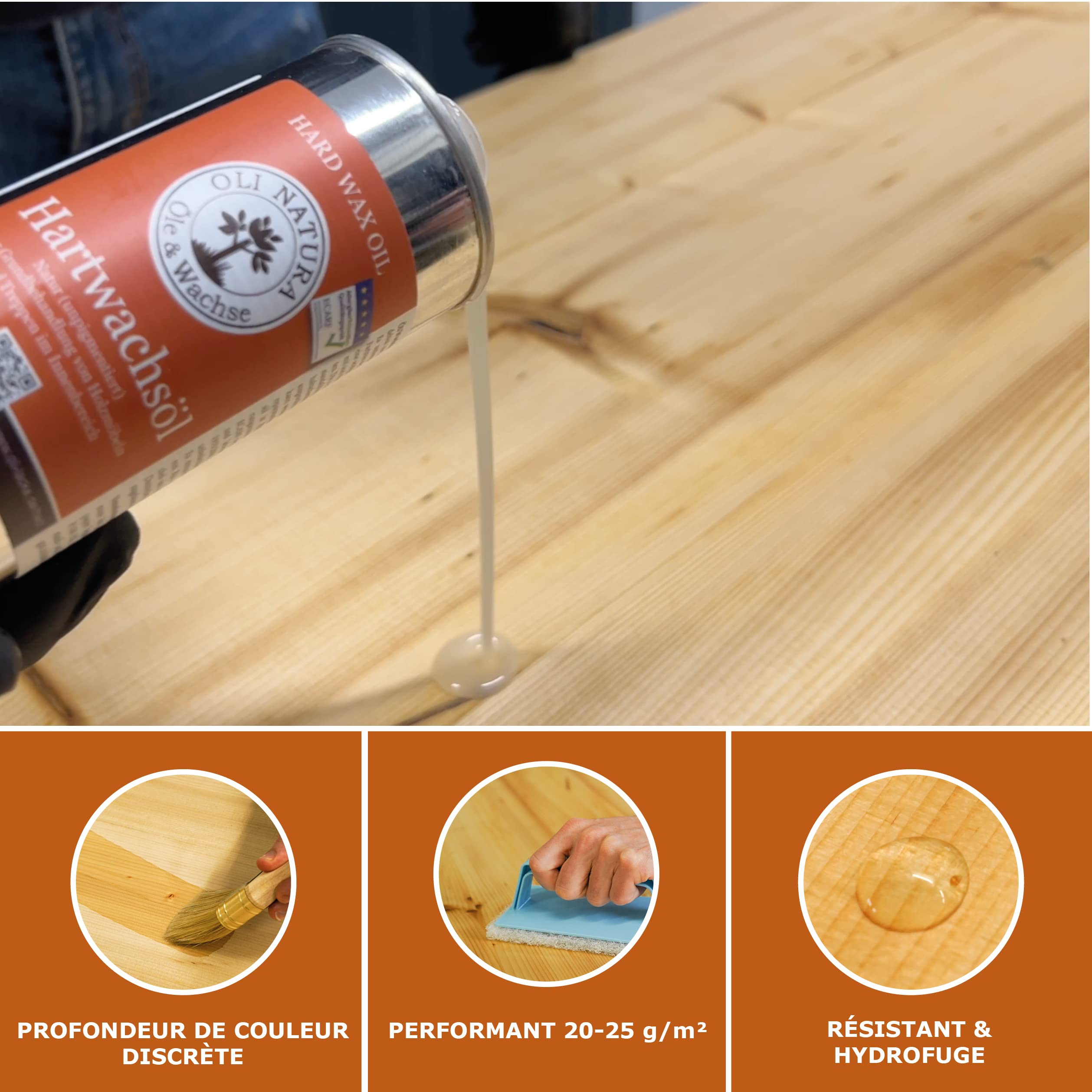 OLI-NATURA Huile-cire dure pour bois – Huile naturelle pour meubles, escaliers, portes et plus – Certifiée apte au contact alimentaire et anti-allergène, 1 L, incolore-naturel