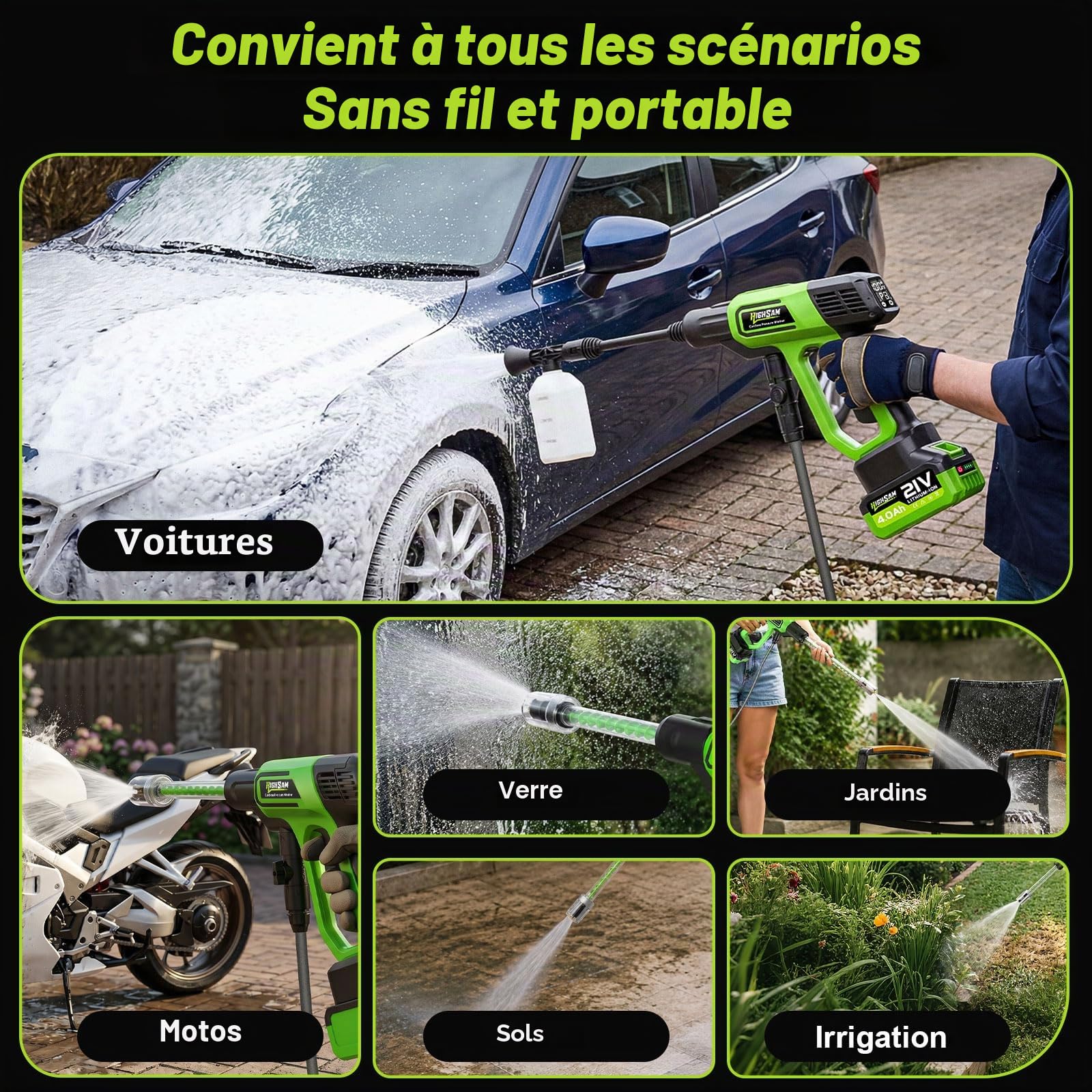 125Bar Nettoyeur Haute Pression sans Fil avec 2*Batteries 4.0Ah, Moteur sans Balais, Mode 3 Vitesses, Nettoyeur Haute Pression avec Pompe, buse 5 en 1 pivotante à 180°, Tuyau de 5 m