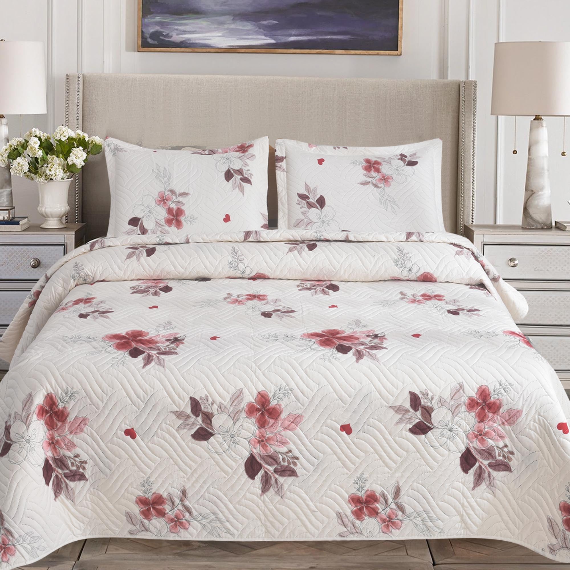 BOSKI LONDON 3 Piece Quilted Patchwork Bedspread with 2 Shams | Reversible Floral King Size & Double | Lightweight Microfiber Quilt | 220x240cm (Blush Petals)
