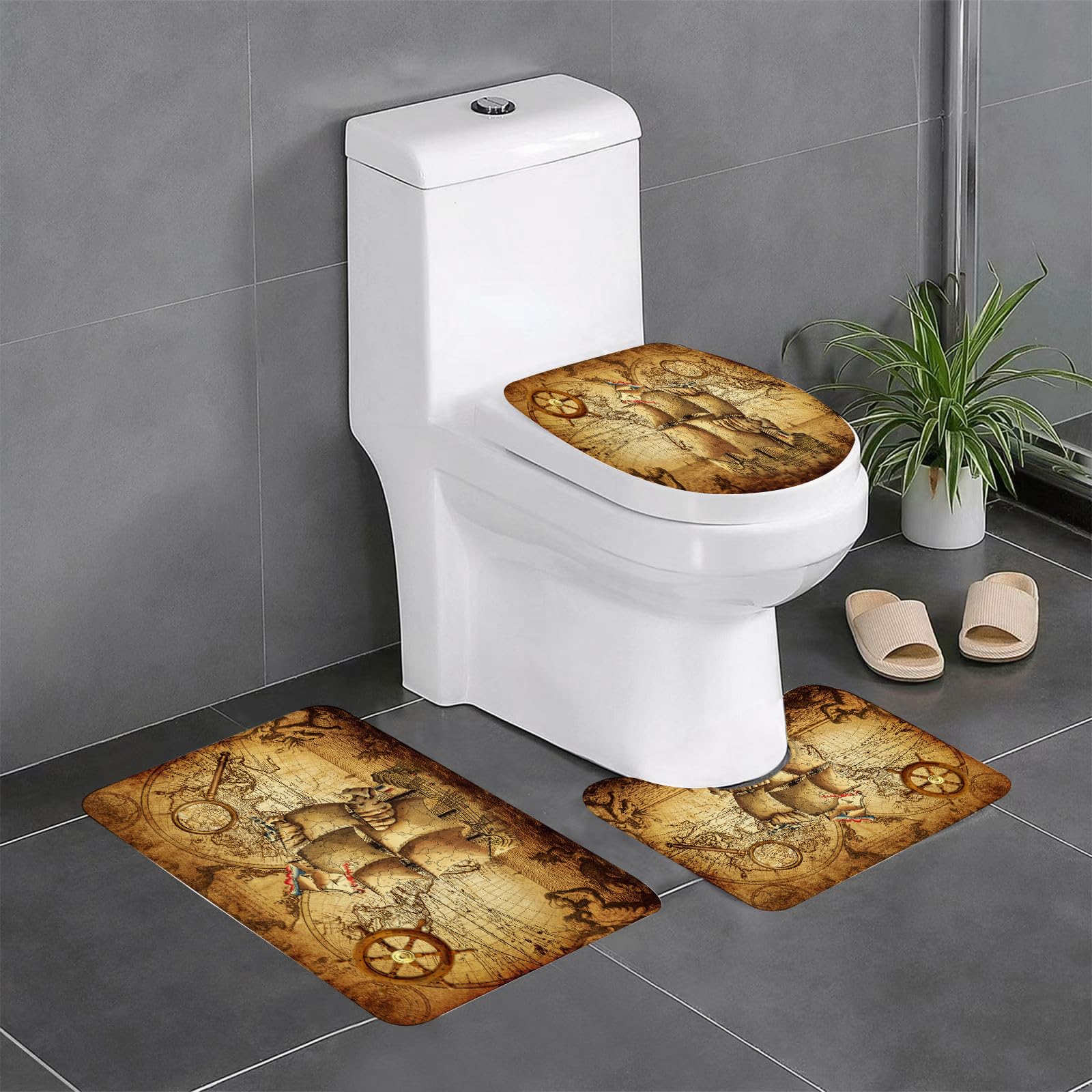 Set di 3 tappetini da Bagno, Lavabili in Lavatrice e Antiscivolo, in Morbida Fibra Superfine, con Motivo Vintage a Tema Nautico.