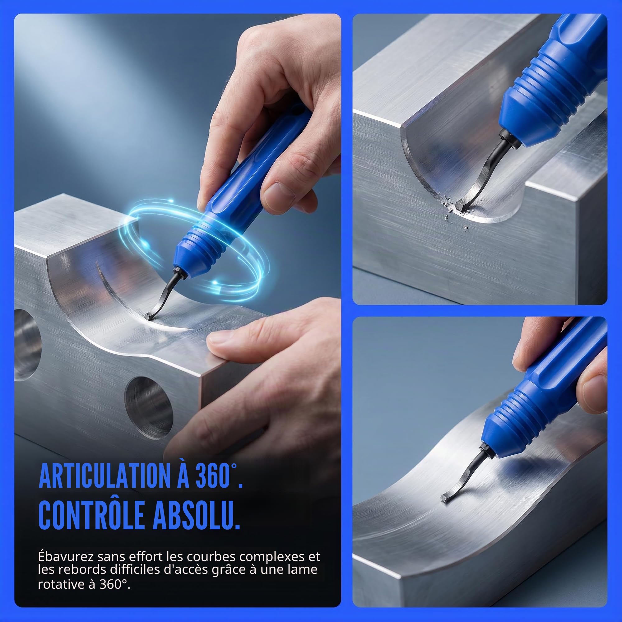 Ebavureur Outil D'ébavurage, Burr Remover avec 11 Lames de Rechange Acier, 360 ° Rotatif Deburr Lames, PratiqueOutil pour Aluminium, l'impression 3D, Cuivre et Acier Métal, Plastique, PVC