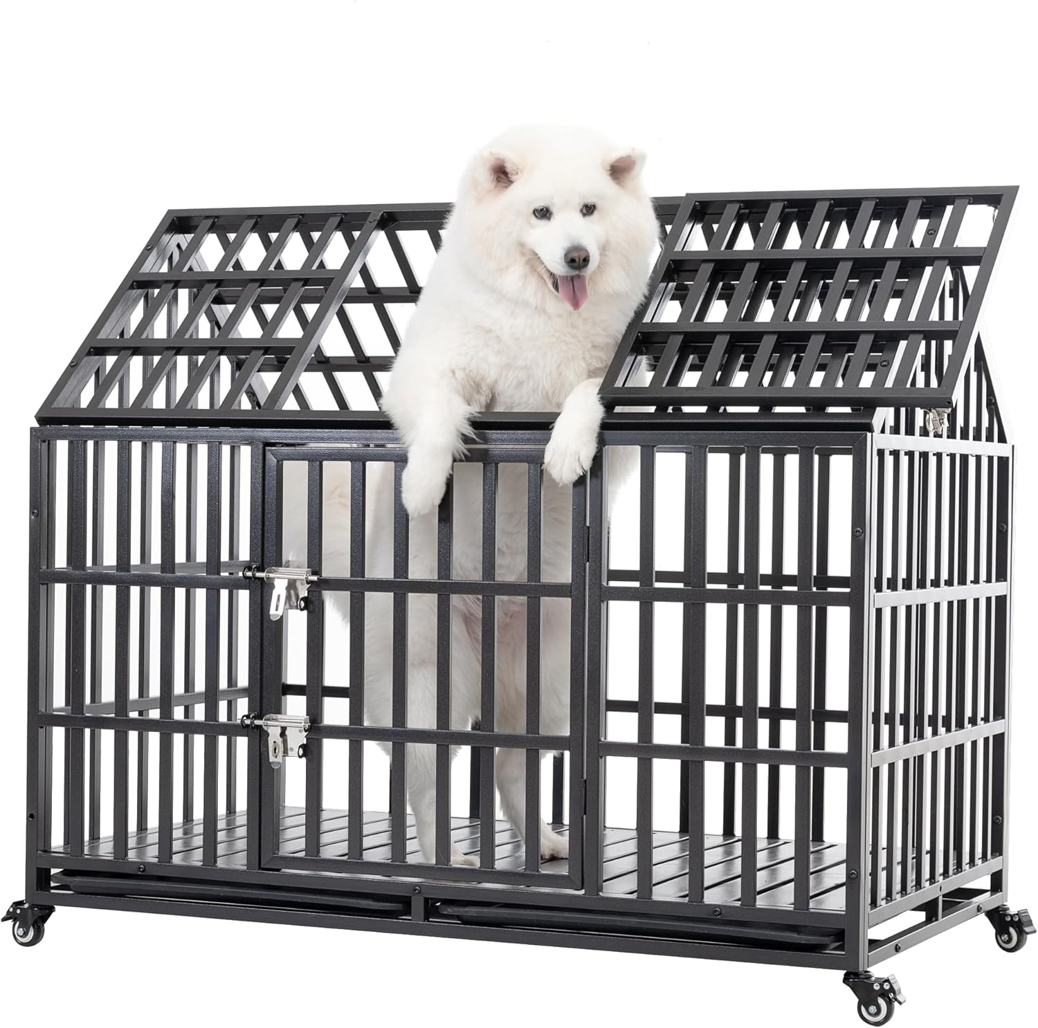 52/48/44 Inch Heavy Duty Dog Crate Indestructible and Escape-Proof Dog Cage Kennel for Large Medium Dogs Extra Large XL XXL with Lockable Wheels Removable Tray Double Door Black