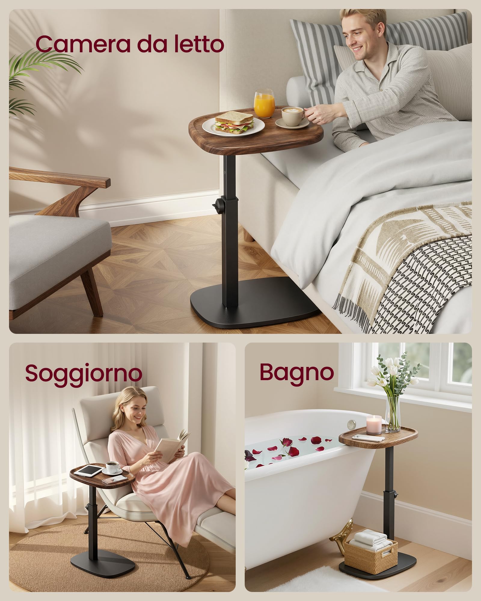 VASAGLE Tavolino a Forma di C, Tavolino da Divano, per Spazi Ridotti, Regolabile in Altezza, per Soggiorno Camera da Letto, 30 x 40 x 69 cm, Marrone Noce e Nero Inchiostro LET363M101