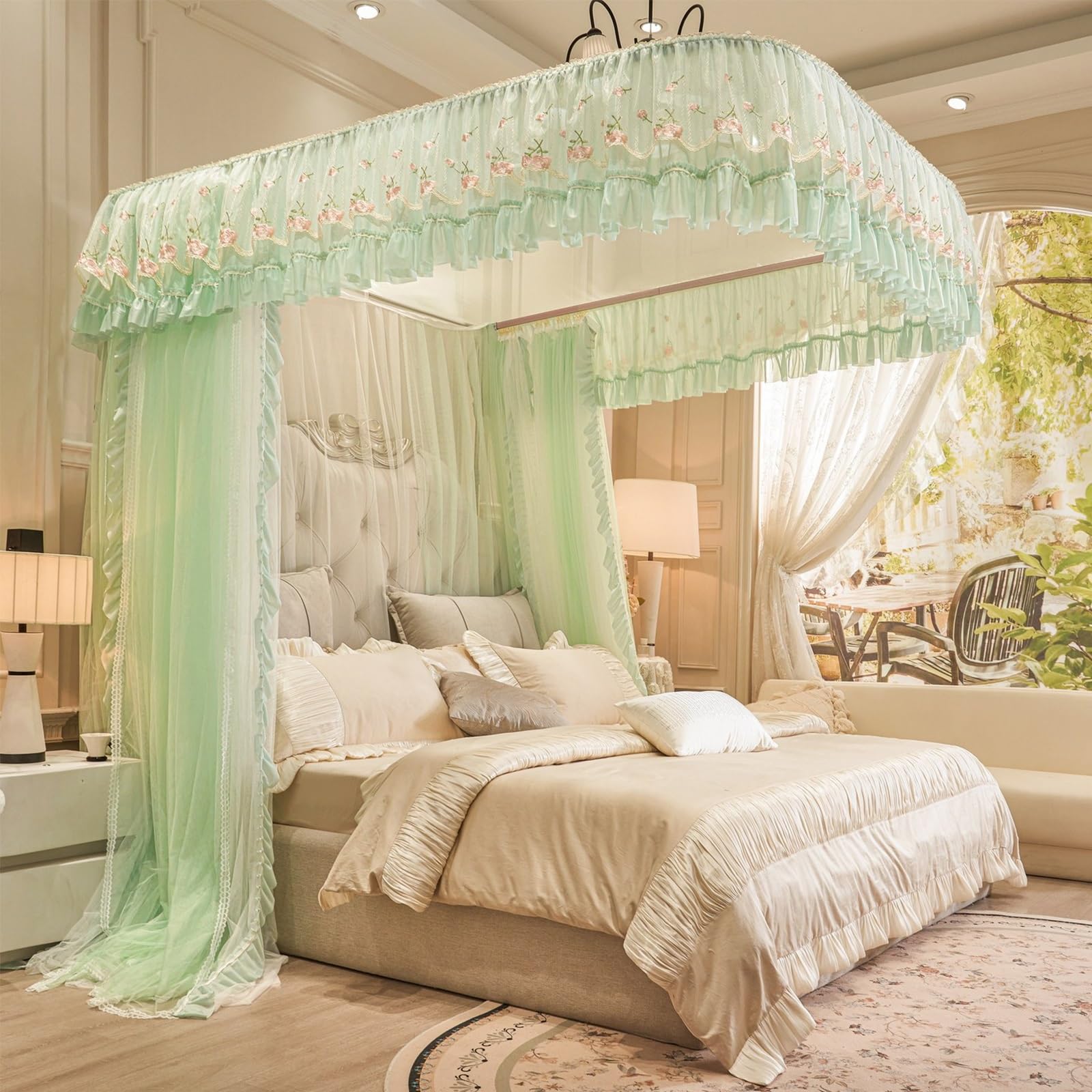 SARKEY U-Shaped Rail Bed Canopy Curtain,Lace Up Ruffle Princess,Adults Bedroom(GR,200x220x210cm(79"x87"x83"))