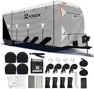 KNOX 3rd Gen Travel Trailer Cover, Anti-Tear 7 Layer APEX Fabric, Fits Motorhome RV Cover, Toy Hauler Cover, Camper Cover, Includes Tongue Jack Cover, Tire Covers and Gutter Covers - Size 16-18 ft