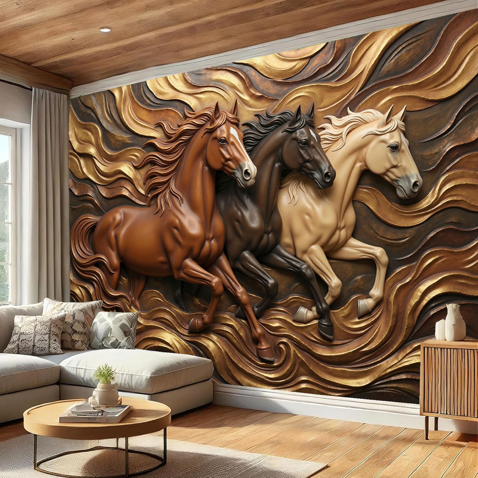 Papier peint intissé relief de cheval rétro idéal pour un salon ou une chambre chic
