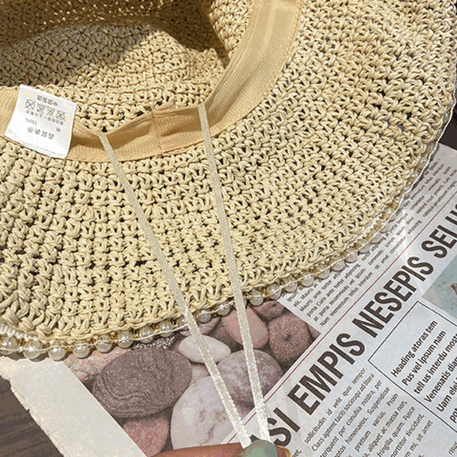 YUONNY Cappello di Paglia con Perline, Cappello da Sole, Cappello Boater con Protezione Solare, Cappello da Spiaggia E da Viaggio da Donna,Beige,Children's 52 cm