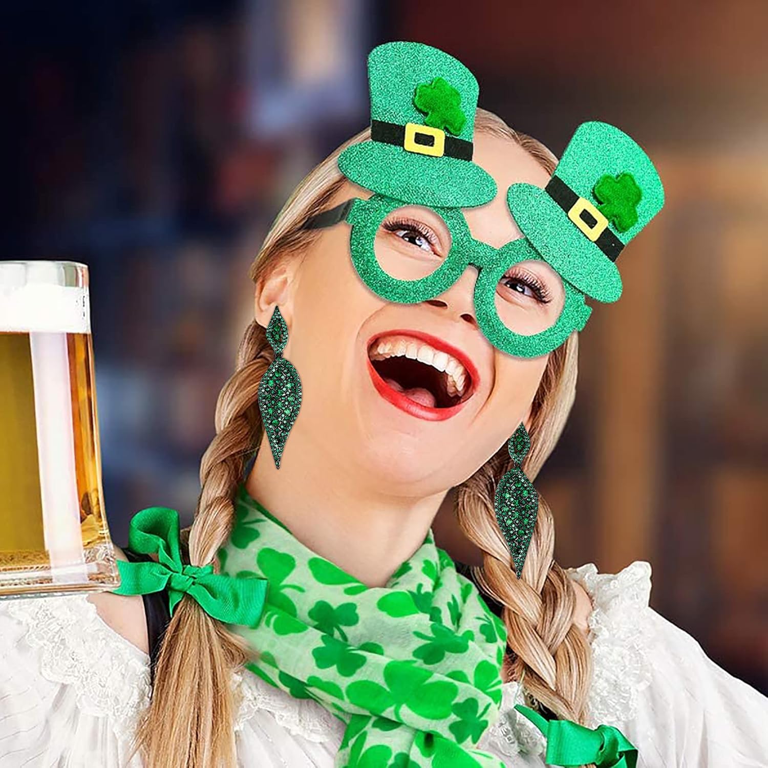 EVER FAITH 2 Leaf Round Full Crystal Art Deco Bridal Pierced Dangle Chandelier Earrings for Women - Image 3