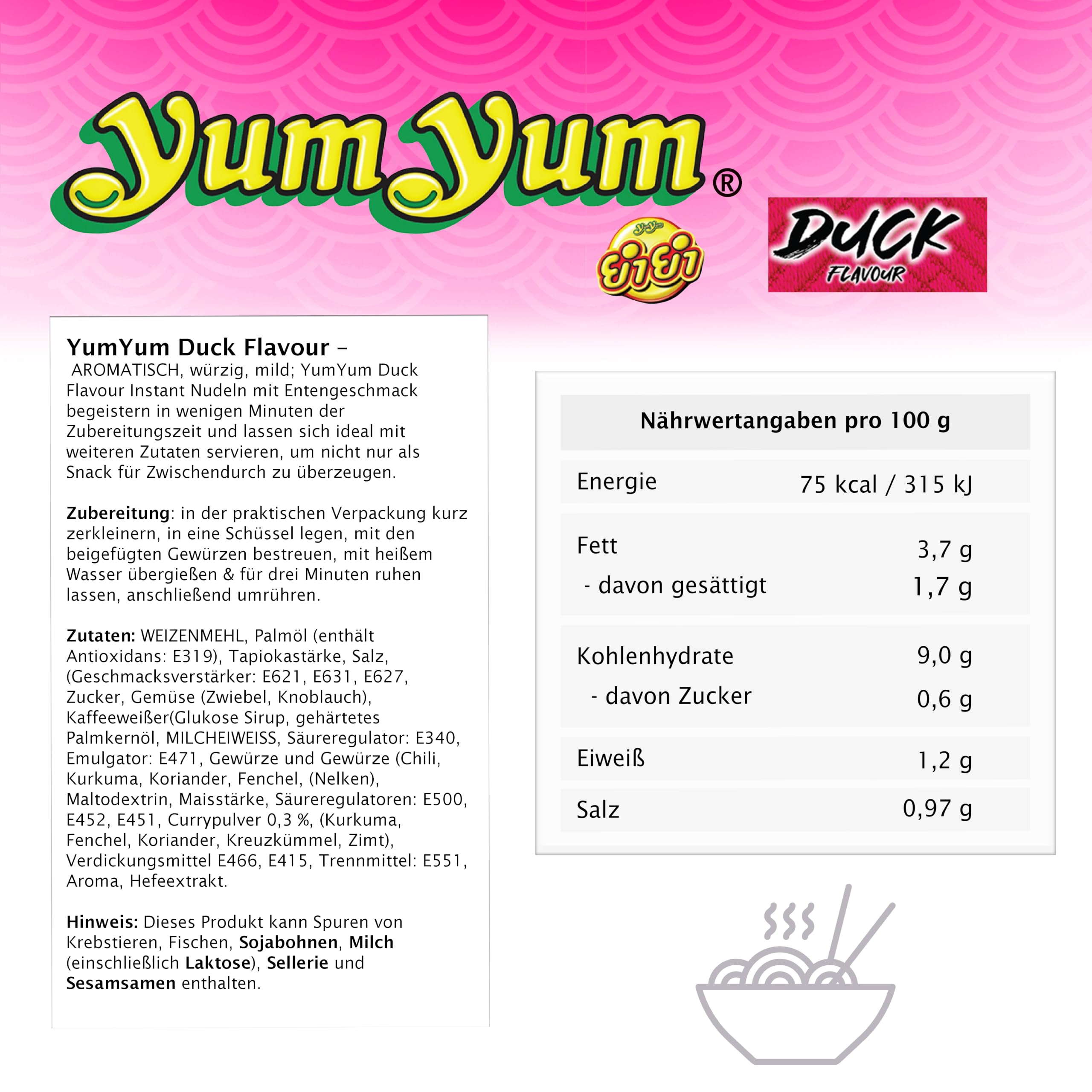 YumYum Instant Nudeln mit Entengeschmack, Asiatische Snack-Nudeln, Authentisch-Thailändisches Aroma, mit Shiitake-Pilzen & Tofu, 120x 60g