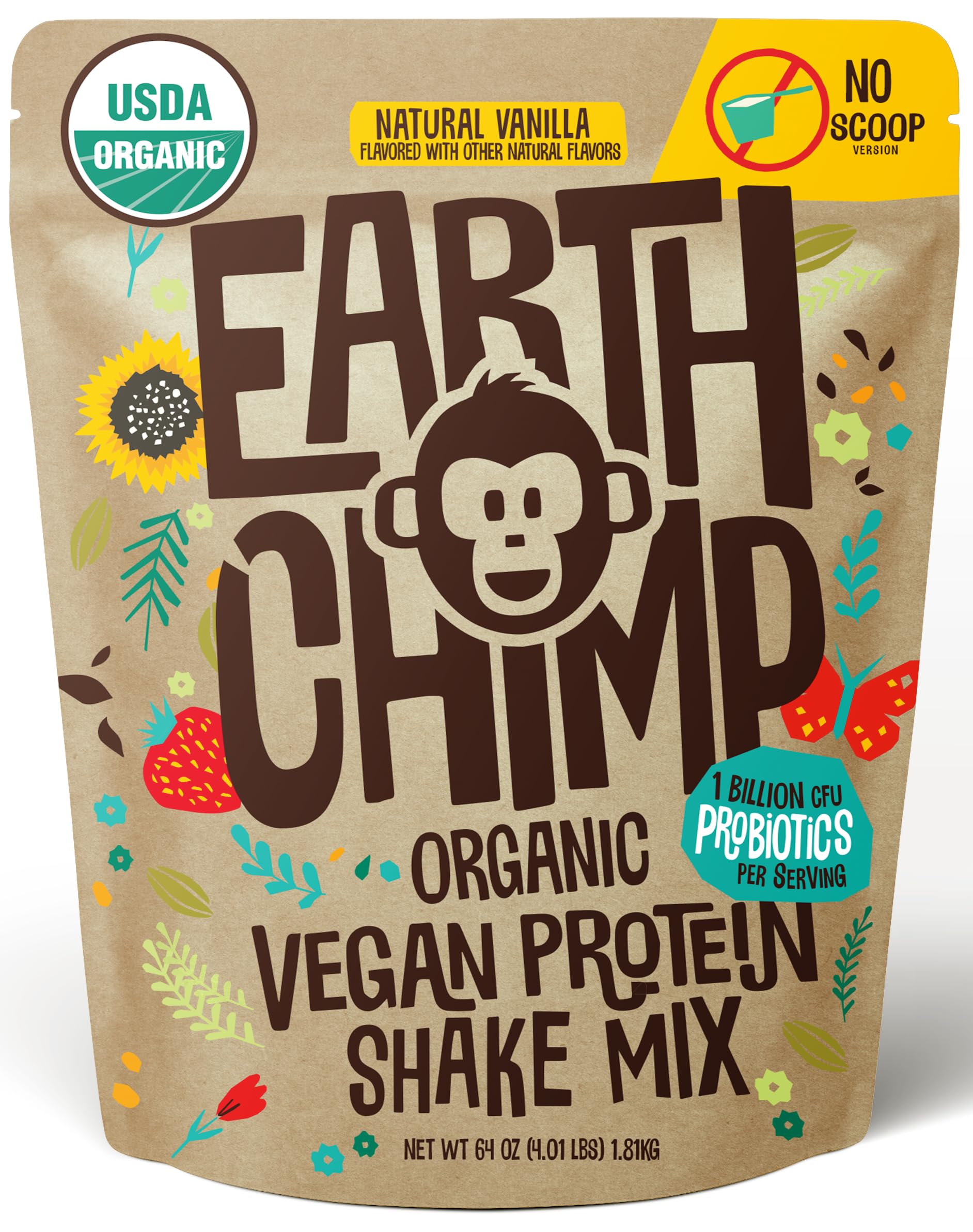 EarthChimp Organic Vegan Protein Powder - with Probiotics - Non GMO, Dairy Free, Non Whey, Plant Based Protein Powder for Women and Men, Gluten Free - 52 Servings 64 Oz (Vanilla) No ScoopUSDA Organic