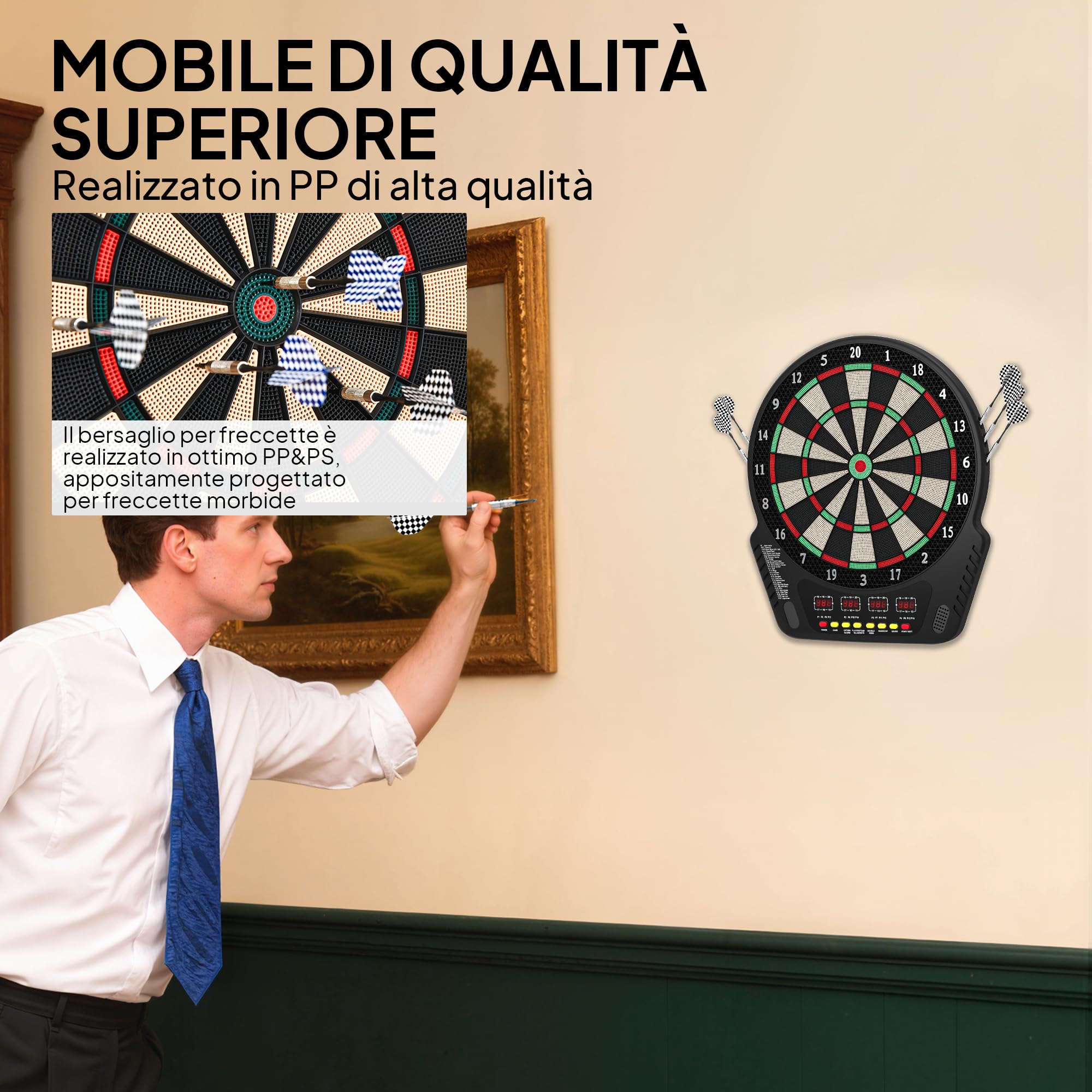 HOMCOM Tabellone Freccette Elettronico 243 Programmi 27 Giochi 6 Freccette 4 Display LED 44x51.5x3.2 cm Nero