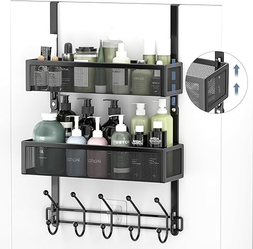 Miniatura 3 de Organizador de ganchos ajustables para colgar sobre la puerta, perchero con 2 cestas de malla y 10 ganchos, organizador de almacenamiento trasero de