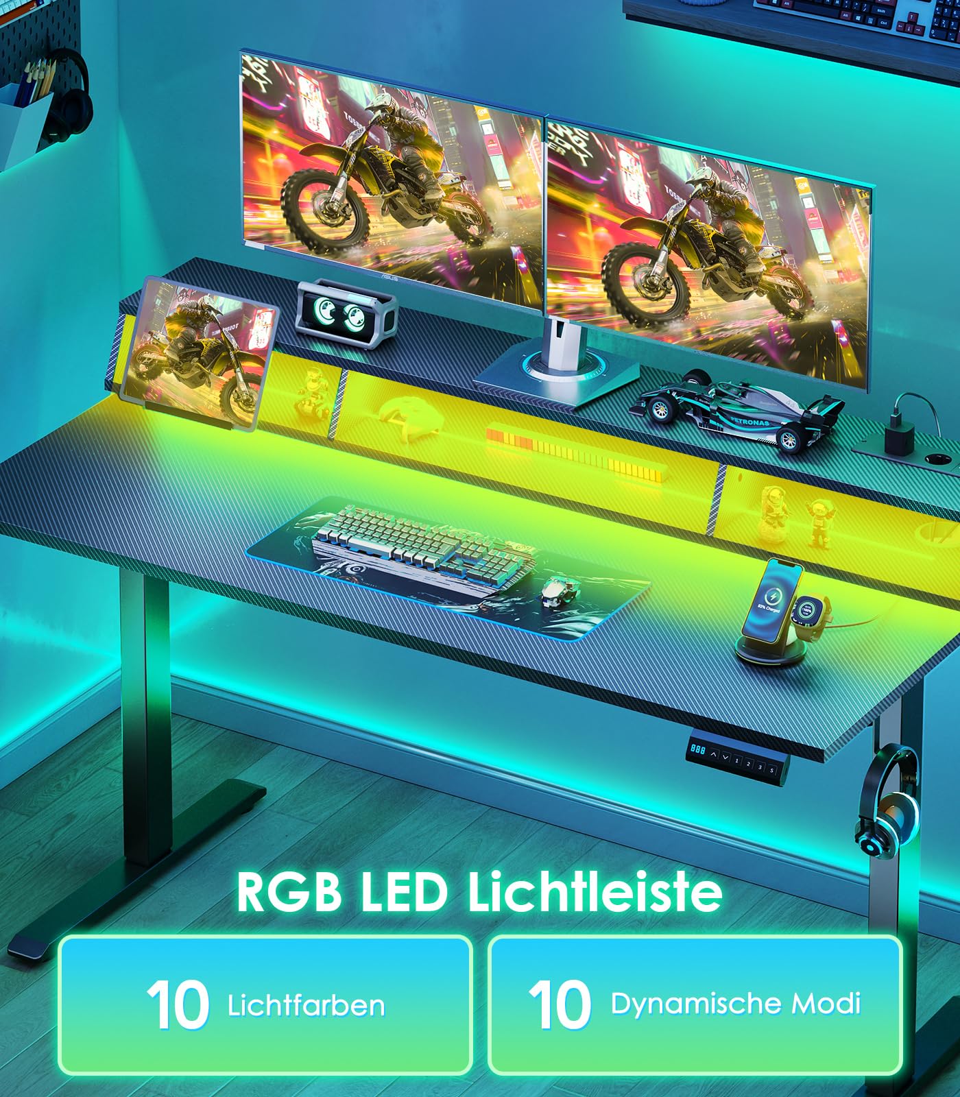 OffiGo Höhenverstellbarer Schreibtisch mit RGB LED 140×60 cm, Schwarz | Gaming Tisch mit RGB LED & Steckdosen, Elektrischer Schreibtisch mit 3 offene Ablagen, Computertisch für Home