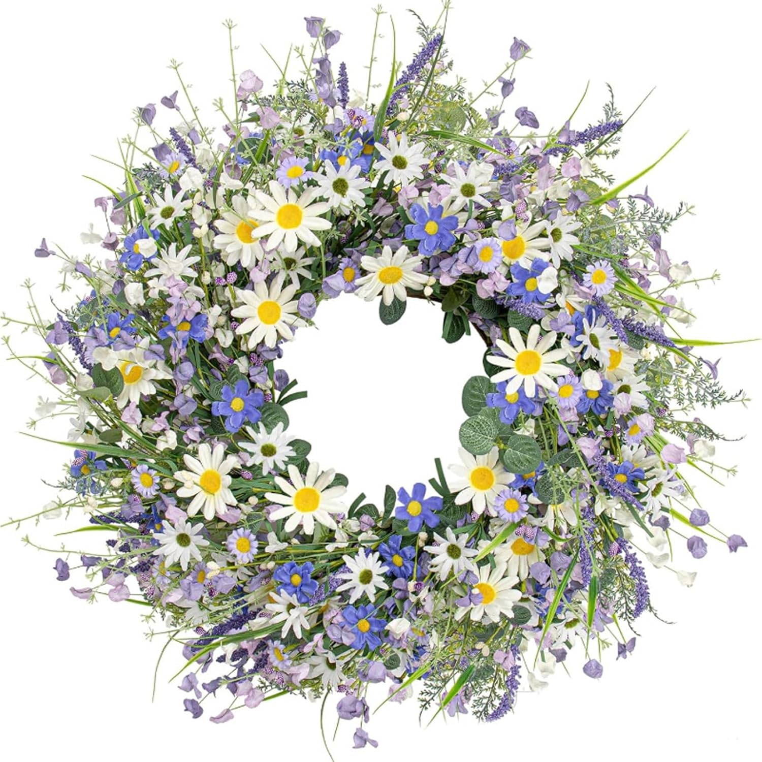 Daisy Wreath, Spring Front Door Wreath with Lavender 16 Inch Floral Wreaths for Year-Round Home Decor, Farmhouse Wall or Indoor Decoration..