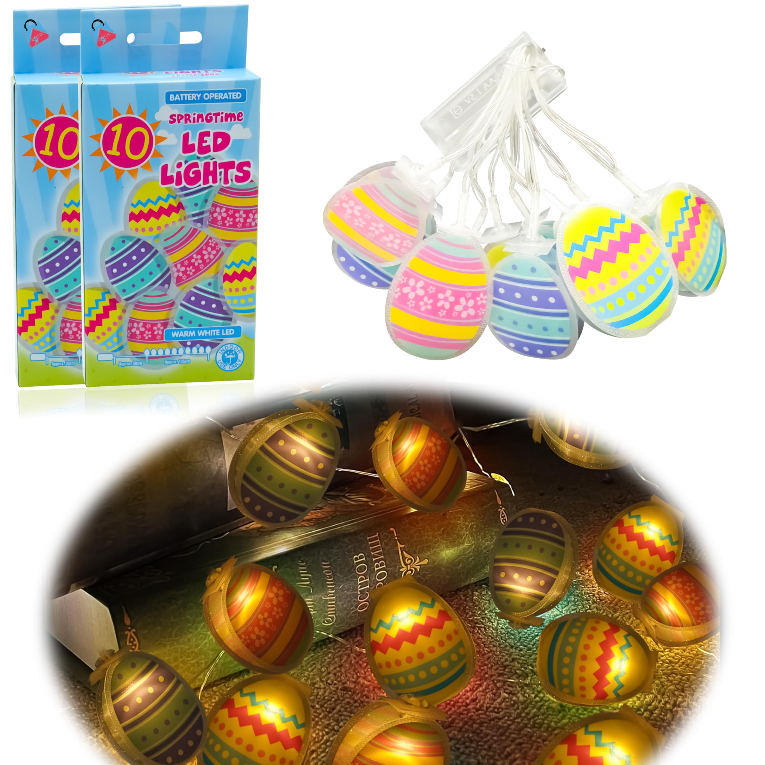 Hovuk 2Pk (Egg Lights - 10 Led Each) 2Pk Led Easter Egg String Lights, 1.65M Warm White 10 Leds, Battery Operated Fairy Lights For Easter Decorations, Home, Party, Table, Indoor Decor, Festive & Spring Decoration