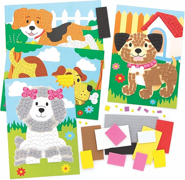 Baker Ross FE582 Dog Mosaic Picture Kits - Pack of 4, Mosaic Tiles Arts and Crafts, Mosaic Kits for Children, Creative Activities for Kids