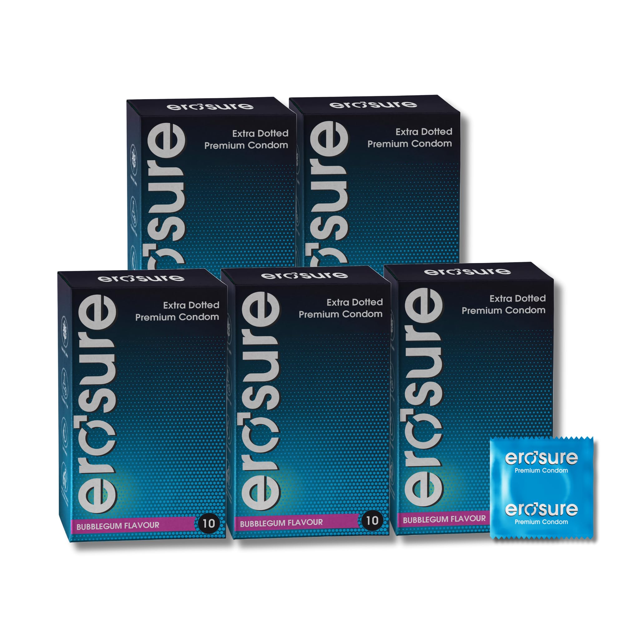Extra Dotted Condom 50 Units Combo Pack | Long Lasting For Maximized Pleasure | Premium Latex Condoms With Disposable Pouch In Bubblegum Flavour (10-Units In Each Pack Of 5)