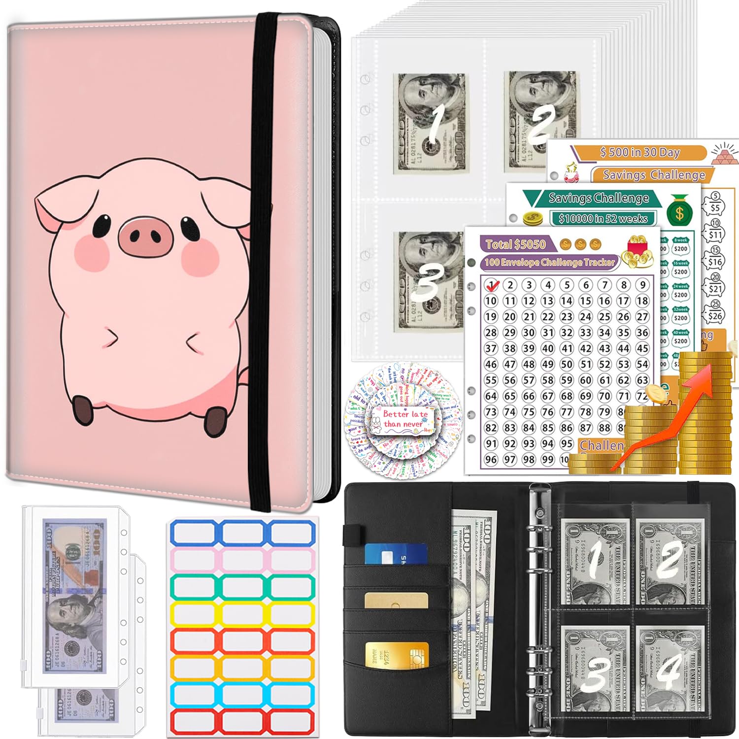 Money Saving Binder, 100 Envelopes Money Saving Challenge, Cash Envelopes Budget Binder & 3 Budgeting Planner Trackers, PU Leathers A5 Money Saving