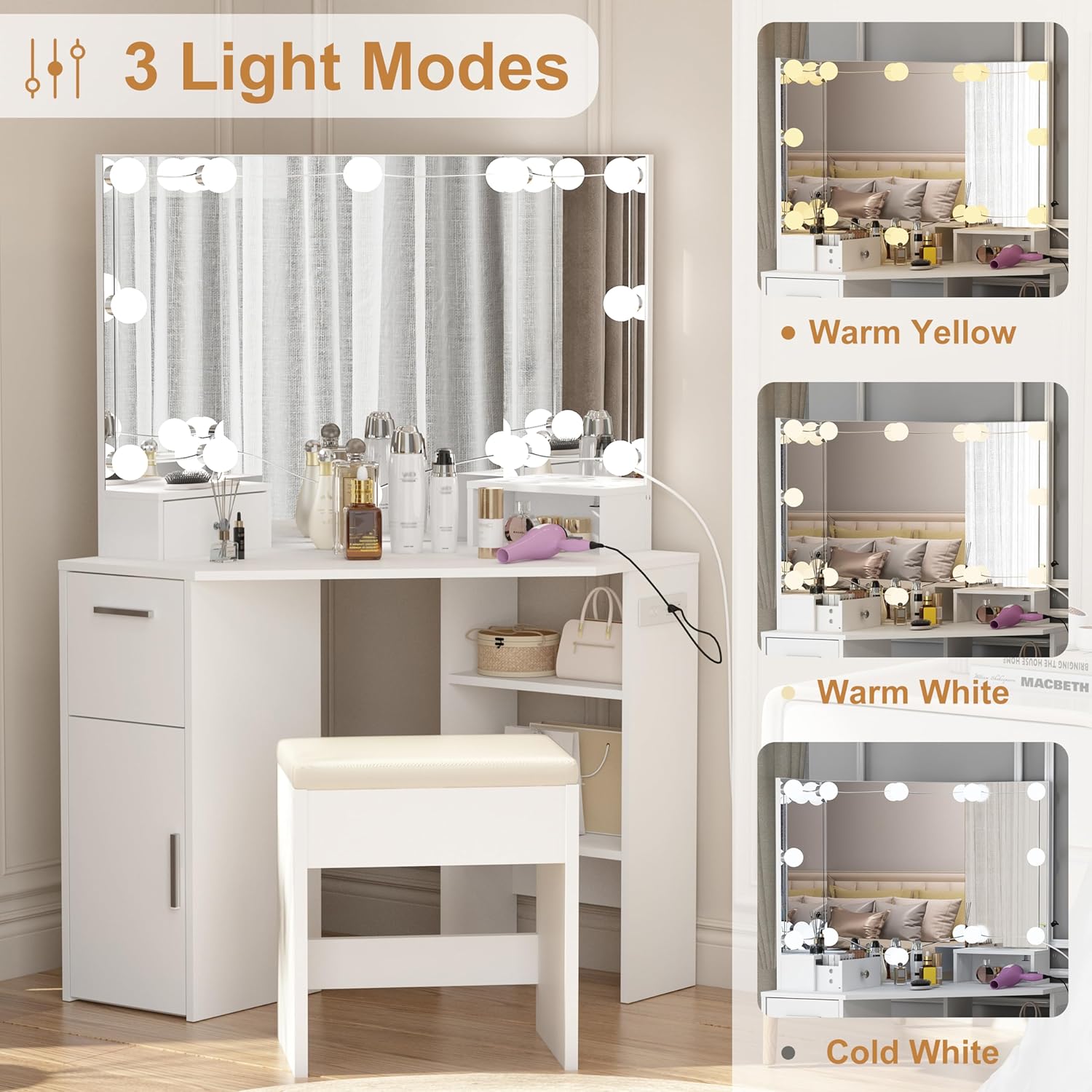 Corner Vanity Makeup Desk with Vanity Mirror, Built-in Lights, 2 Drawers, Power Outlet, Makeup Desk for Bedroom, White