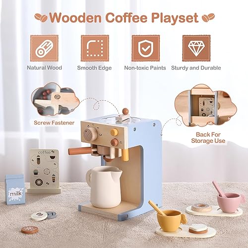 Miniatura 2 de EERKEOD Cafetera de juguete para niños, cafetera de madera para niños, juego para niños pequeños, accesorios de cocina, regalo para niñas y niños