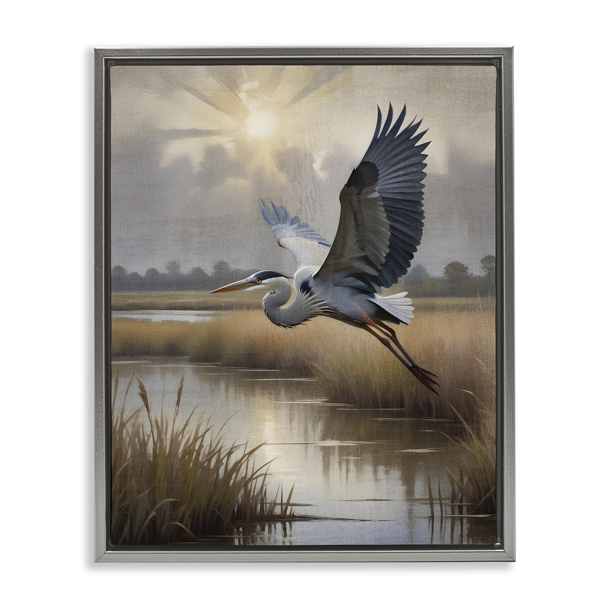 Stupell Industries 'Heron Flight over Wetlands', Floating Frame Canvas Art, Gray, 25 x 31 Inches, Easy to Hang and Sturdy, Made in USA, by Susan Arnot