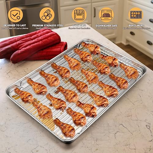 Miniatura 5 de E-far - Bandeja grande para hornear con estante, bandeja de galletas de acero inoxidable de 20 x 14 pulgadas para cocinar al horno, bandeja de metal
