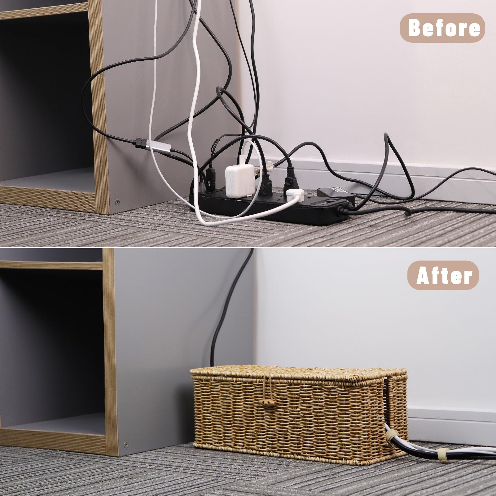 Brownlily - Caja de gestión de cables, organizador de cables estilo ratán para cables de ordenador, toma de cables de ordenador, apto para bebés, para regletas, TV,