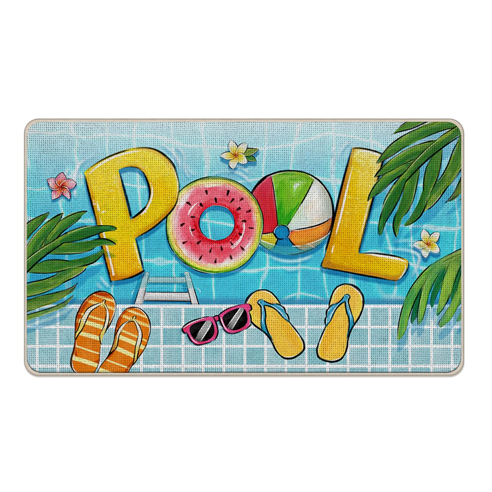 Livcoz Summer Pool Welcome Front Door Mat, Swim Ring Ball Flip Flops Decorative Doormat Non-Slip Floor Entryway Rug, Spring Tropical Palm Leaves