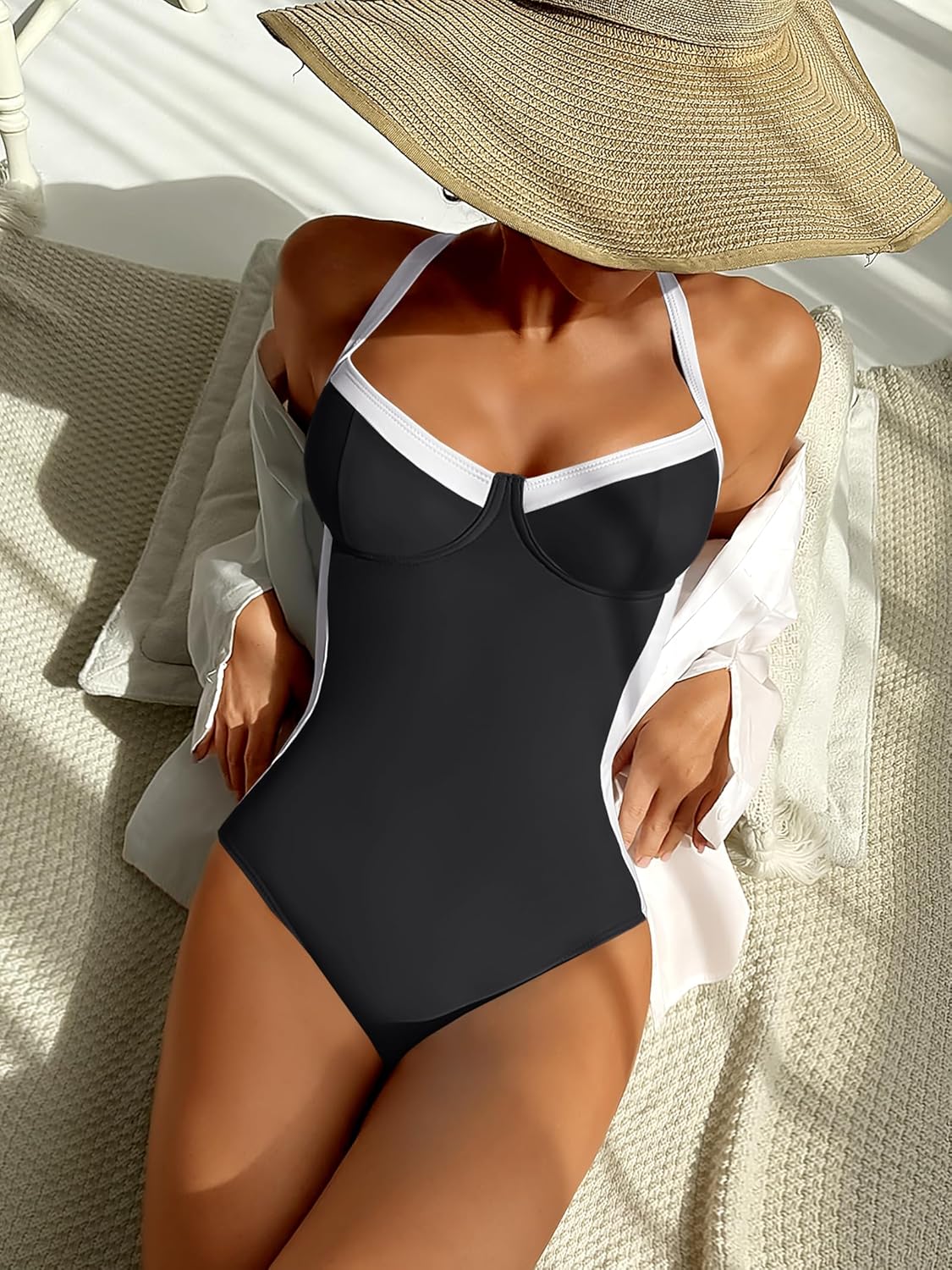 ANRABESS Womens One Piece Swimsuit Slimming Color Block Bathing Suit Full Coverage Swimwear 2026 Beach Vacation Clothes Black White XX-Large - Image 4