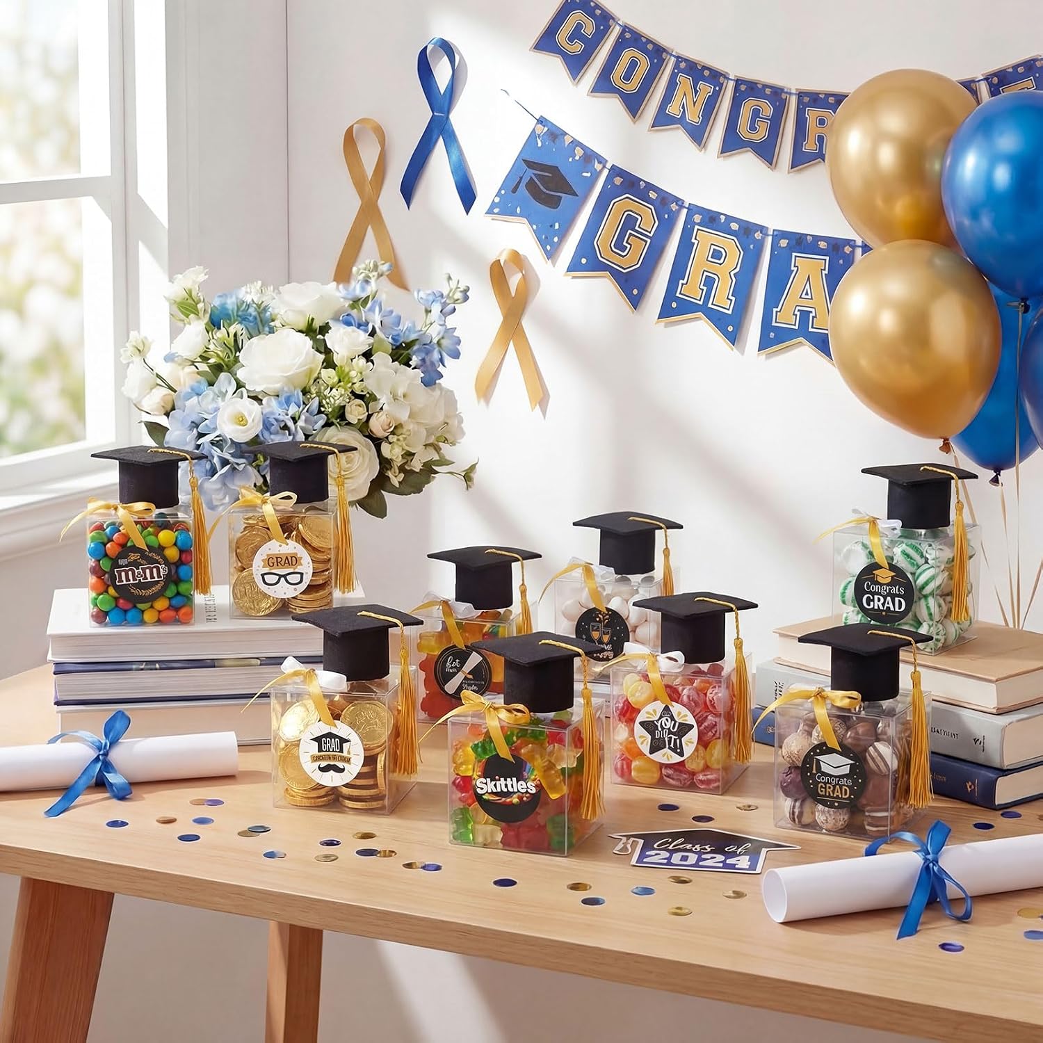30 Pcs 2026 Graduation Cap Candy Boxes Bulk Graduation Party Favors DIY Jars Gifts for Guests Plastic Clear Container with Mini Caps Tassels Stickers for Grad Party Supplies(Regular Style,Yellow)